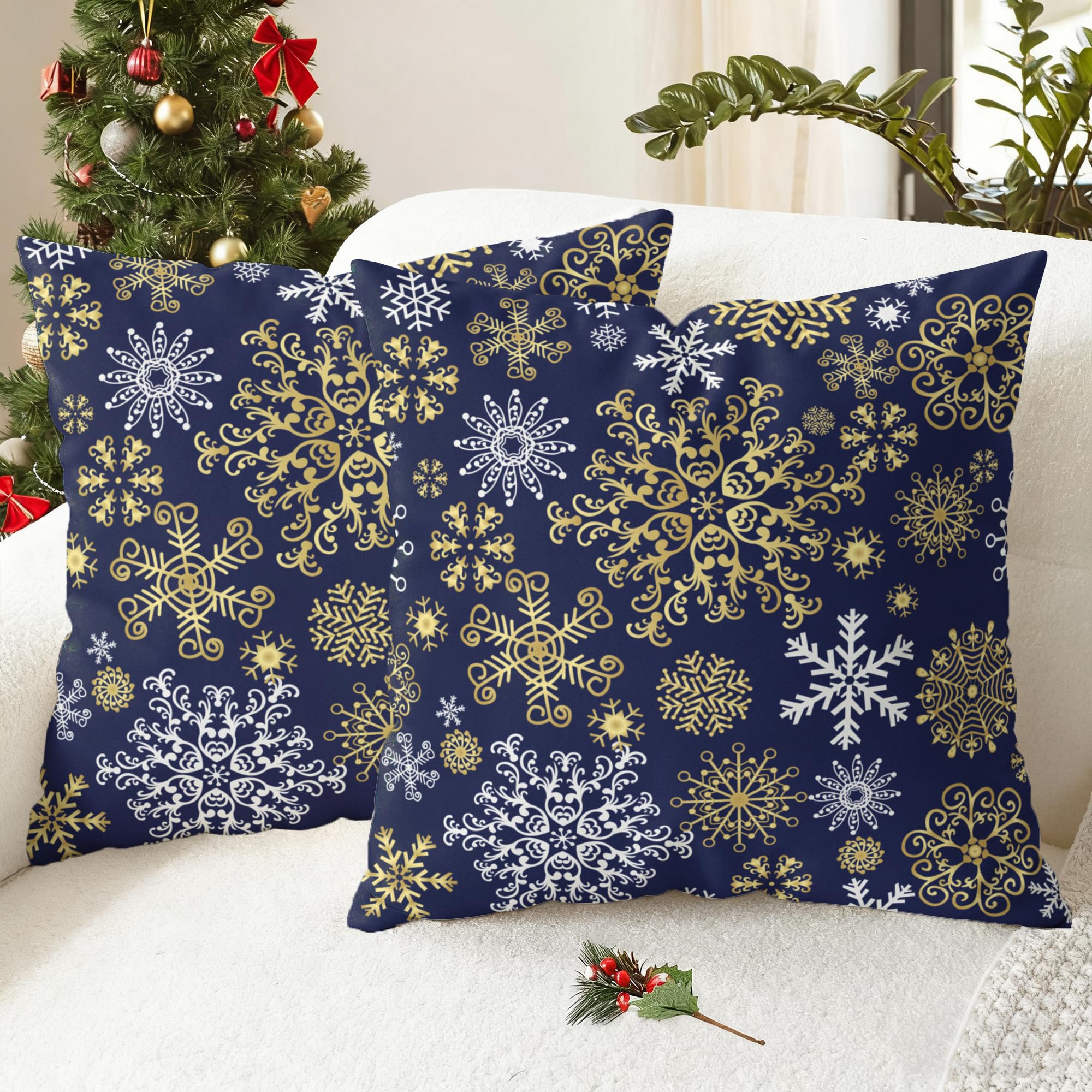 CaliTime Cushion Covers Pack of 2 Cozy Fleece Throw Pillow Cases Covers for Couch Bed Sofa Christmas Snowflakes Both Sides 50cm x 50cm Navy Blue