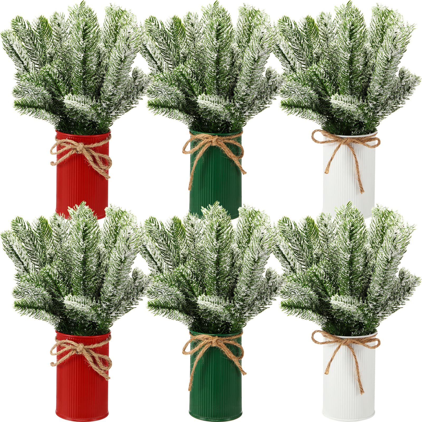 Photo 1 of Tioncy 6 Set Christmas Table Centerpieces Floral Arrangement Artificial Plants with Pots Christmas Farmhouse Decorations Faux Rustic Snow Pine Galvanized Decor for Home Room (Classic)