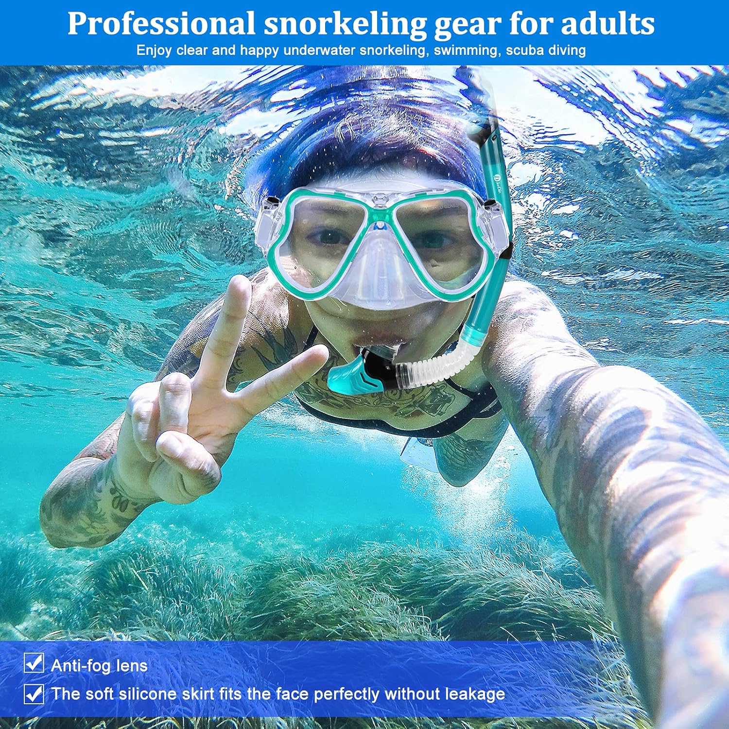 JARDIN Dry Top Snorkel Set, Panoramic Wide View Snorkel Mask, Anti-Fog Tempered Glass Diving Mask, Free Breathing& Easy Adjustable Strap Scuba Mask, Professional Snorkeling Gear for Adults (Teal) : Sports & Outdoors
