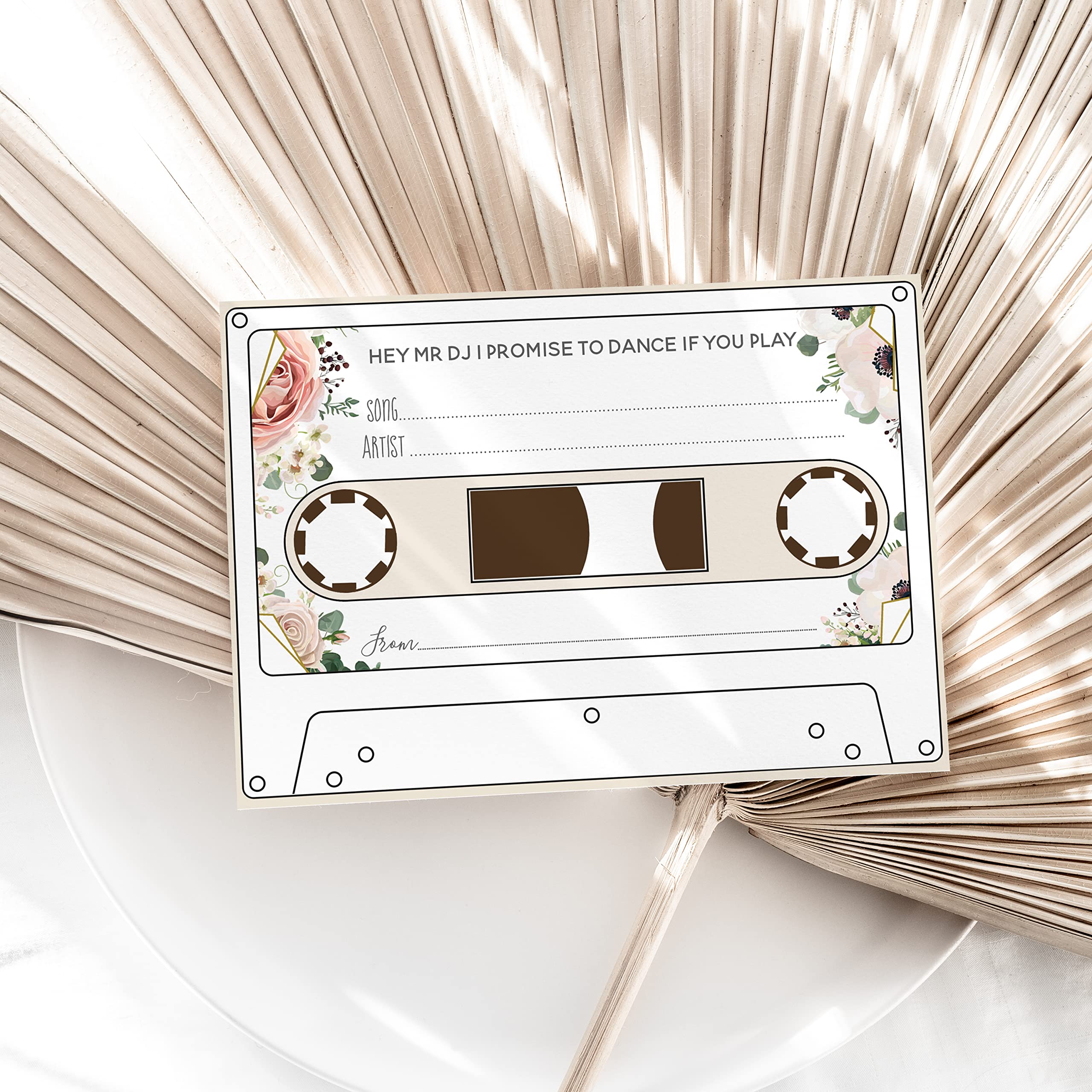 Cassette Tape Song Request Cards 20 Pack Wedding DJ Request - Elegant Floral Wedding Evening Party Stationary Supplies (BH-CASSETTE-20)