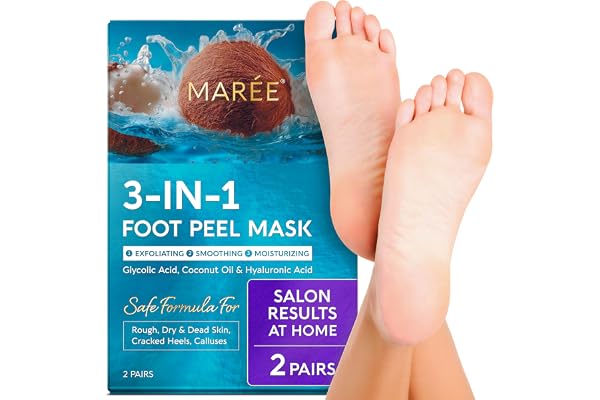 MAREE Foot Peeling Mask Ã¢â‚¬â€œ 3-in-1 Foot Mask for Dry Cracked Feet, Callus Remover Ã¢â‚¬â€œ Dead Skin Exfoliating Foot Peel Mask with Glycolic Acid Ã¢â‚¬â€œ Moisturizing Socks for Men Ã¢â‚¬â€œ Spa Self Care Gifts for Women