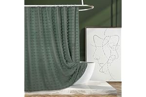 Siiluminisoy Green Boho Shower Curtain Woven Fabric Cute Shower Curtain, 72 x 72 Tufted Pleat Floral Puffs Textured Modern Farmhouse Minimalist Shower Curtain Set with Hooks for Bathroom