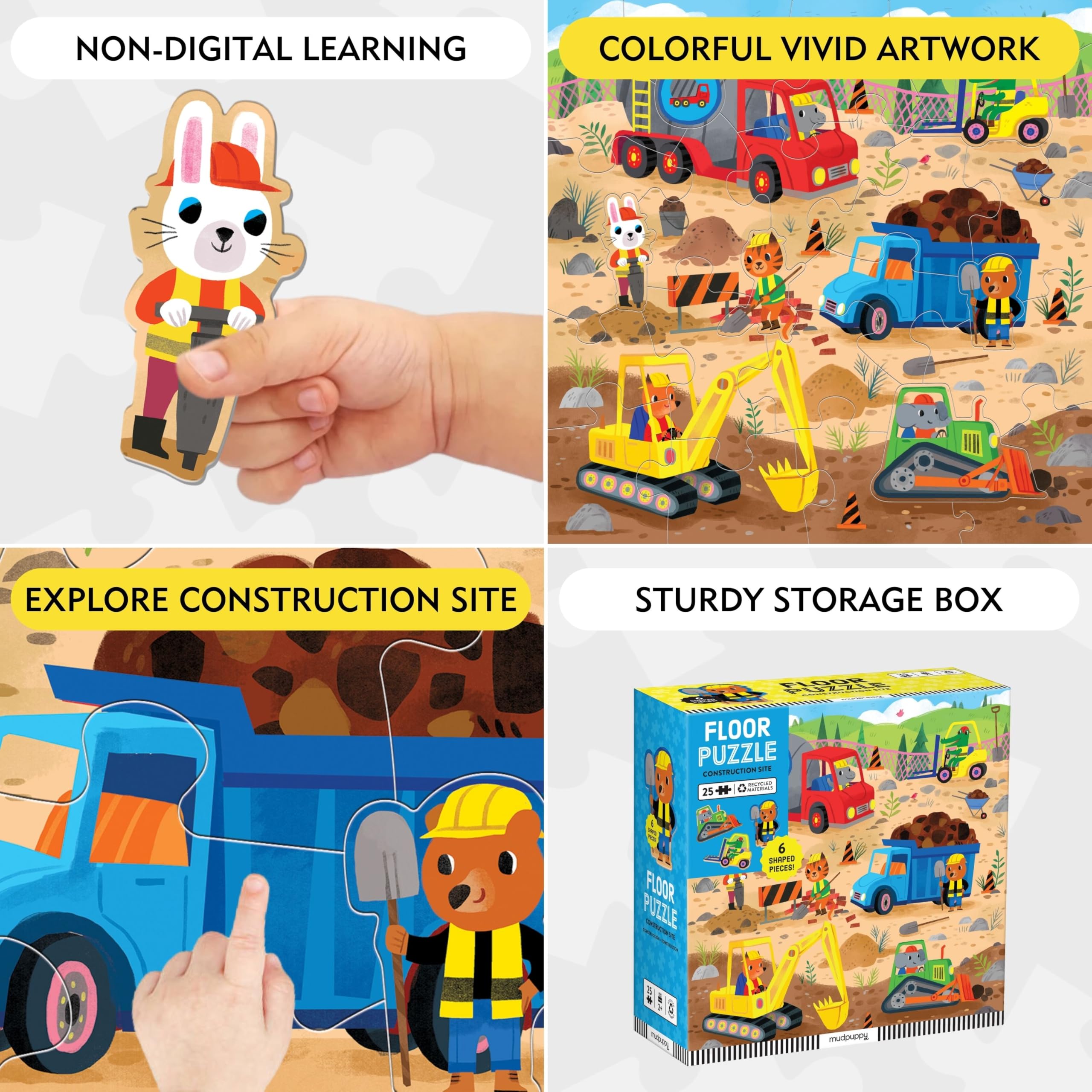 Mudpuppy’s Construction Site 25 Piece Floor Puzzle, Features 25 Colorful, Oversized Pieces, Includes 6 Special Shaped Pieces of Animal Workers, Bulldozers and More, Ages 2+, Great Gift Idea!