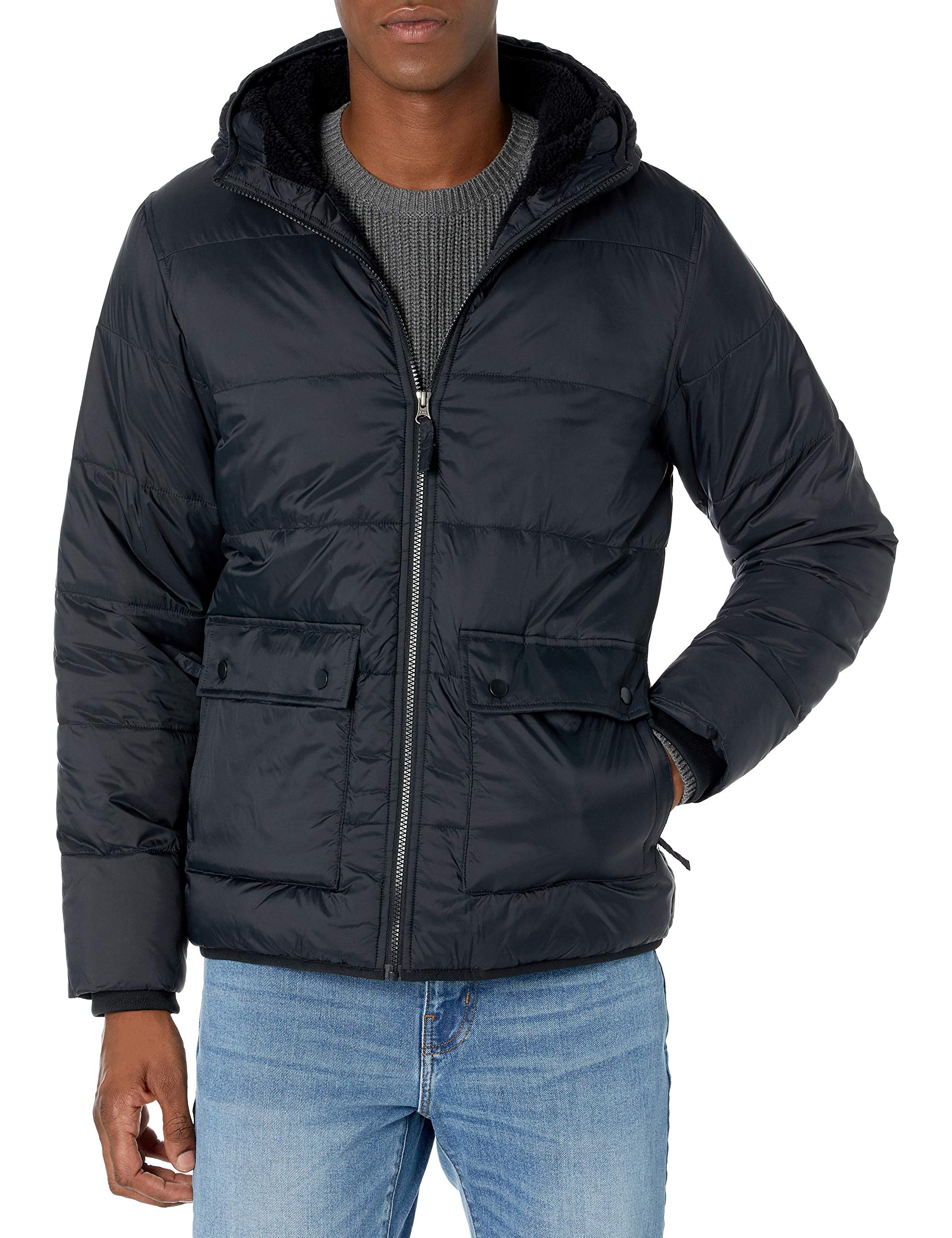 Amazon Essentials Men's Long-Sleeve Water-Resistant Sherpa-Lined Puffer Jacket, Black, Large Image