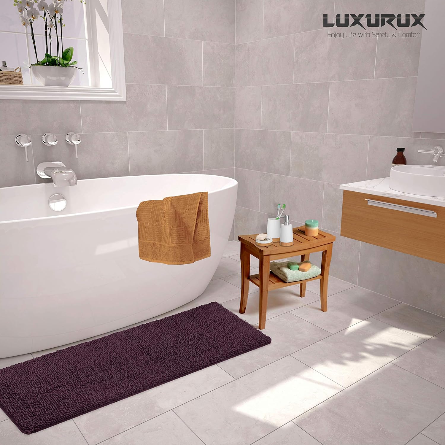 LuxUrux Bath Mat-Extra-Soft Plush Bath Shower Bathroom Rug,1'' Chenille Microfiber Material, Super Absorbent Shaggy Bath Rug. Machine Wash & Dry (15 x 23, White): Home & Kitchen