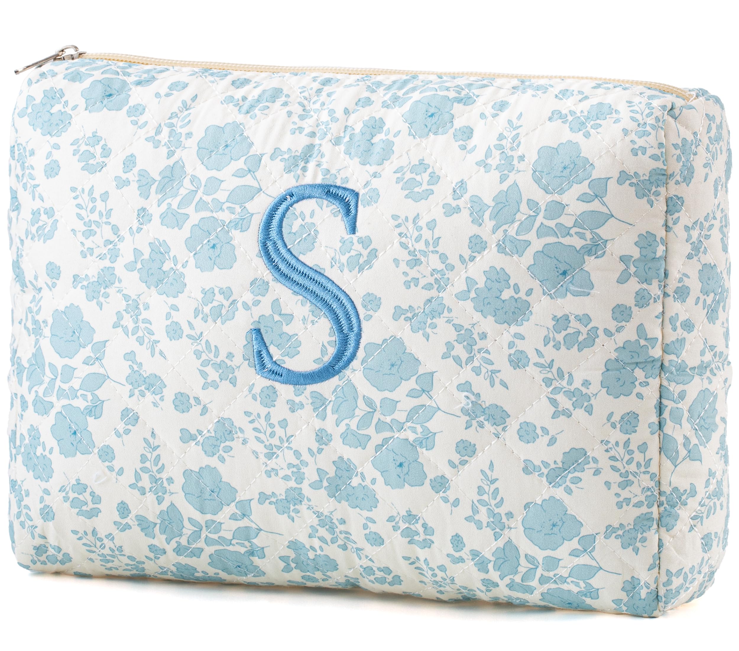 Photo 1 of HBselect Initial Quilted Makeup Bag, Cotton Large Travel Makeup Bag, Cute Floral Coquette Make up Bag Cosmetic Bag Toiletry Bag for Women Girls S