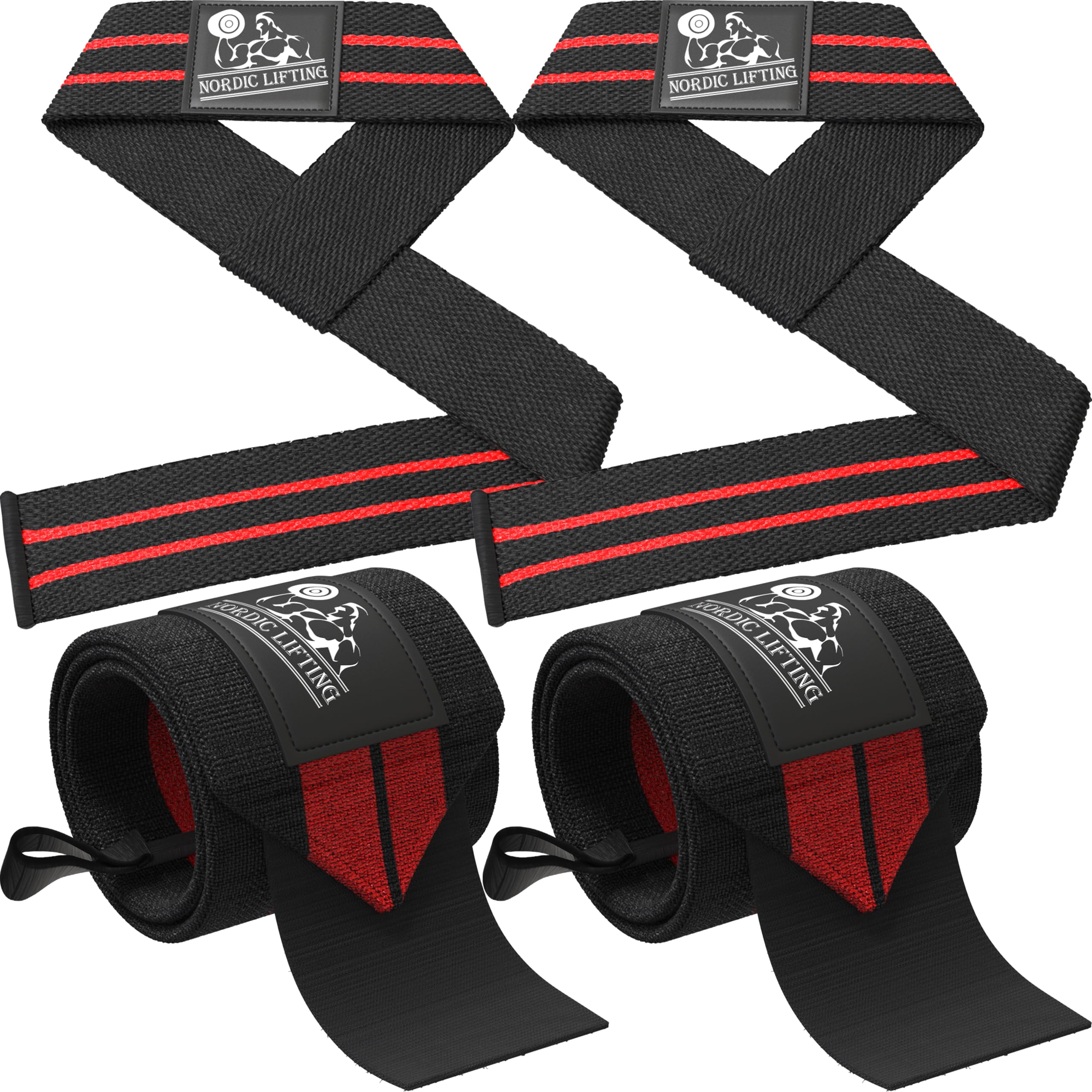 Wrist Wraps + Lifting Straps Bundle (2 Pairs) for Weightlifting, Workout, Gym, Powerlifting, Bodybuilding - Better Than Chalk & Leather - Support For Women & Men (Red) - 1 Year Warranty