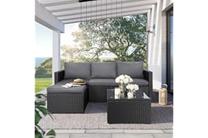 SUNLEI 3-Piece Patio Sectional Sofa, Patio Furniture Set with Detachable Soft Cushions, Outdoor PE Rattan Patio Conversation Sofa Set with Glass Coffee Table & Ottoman, Black Rattan/Grey