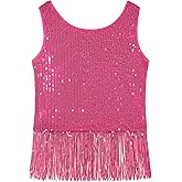 Noomelfish Girls Sequin Fringe Crop Tops Tassel Sparkly Glitter Dance Sleeveless Tank Shirt (5-12 Years)