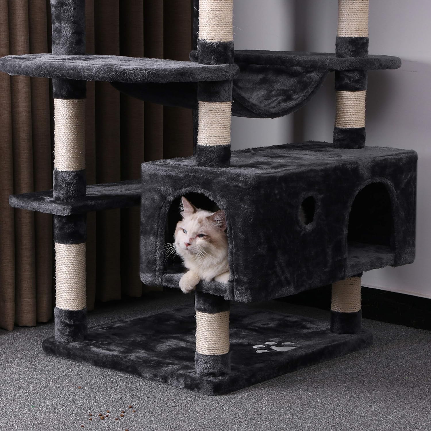 BEWISHOME Large Cat Tree Condo with Sisal Scratching Posts Perches Houses Hammock, Cat Tower Furniture Kitty Activity Center Kitten Play House Grey MMJ03B : Pet Supplies