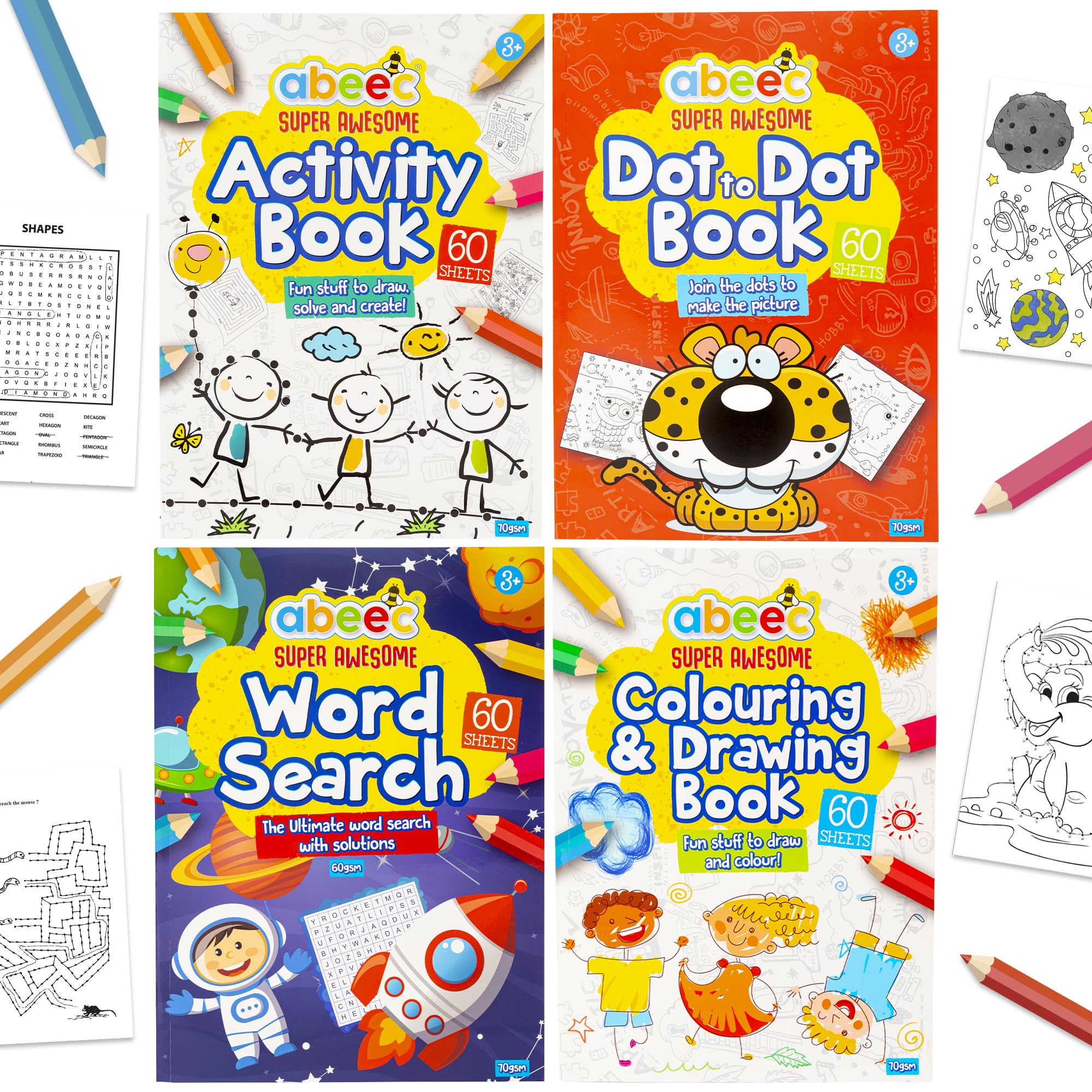 abeec Activity Books for Children - 4 A4 Books Containing: Word Search, Dot to Dot and Colouring Books for Children. Kids Travel Activity Packs for Kids