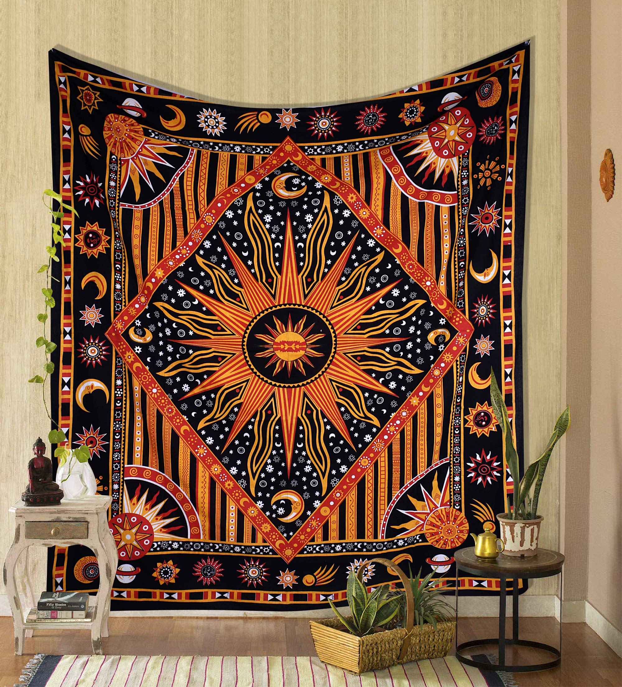 THE ART BOX Golden Orange Mandala Wall Tapestry – Celestial Cotton Hanging, 215x230 cm
