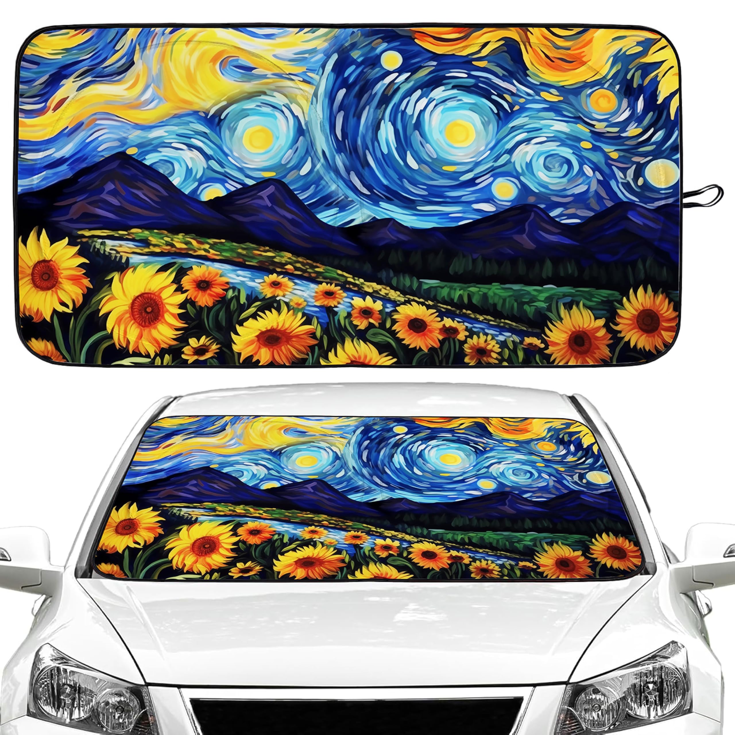 Photo 1 of Starry Night Sunflowers Car Windshield Sun Shade Foldable Sunshade Front Window Cover Sun Visor Protector Accessories (59x27.5 inches)