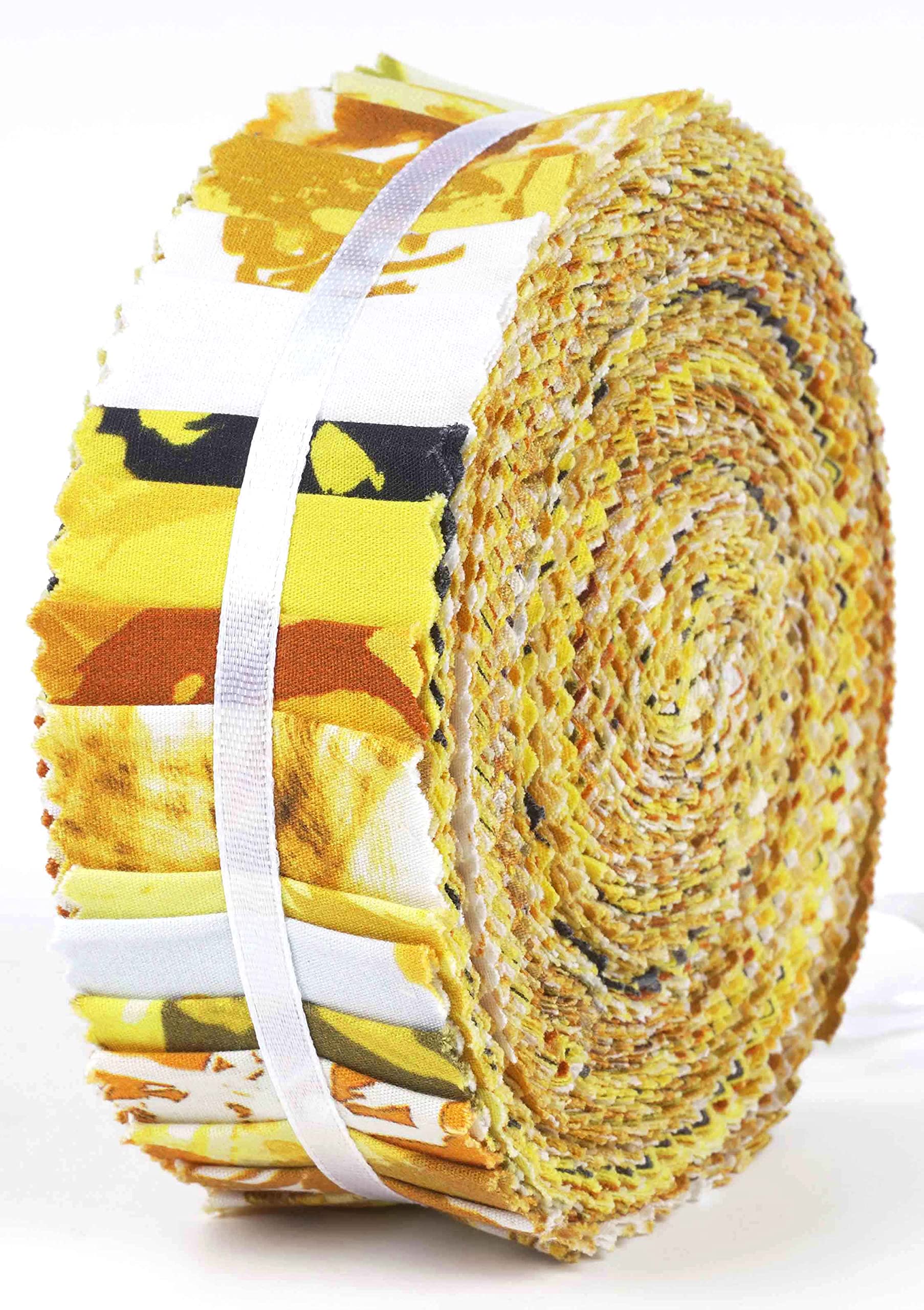 Soimoi 40Pcs Floral Artistic Print Precut Fabrics Strips Roll Up 1.5x42inches Cotton Jelly Rolls for Quilting - Yellow