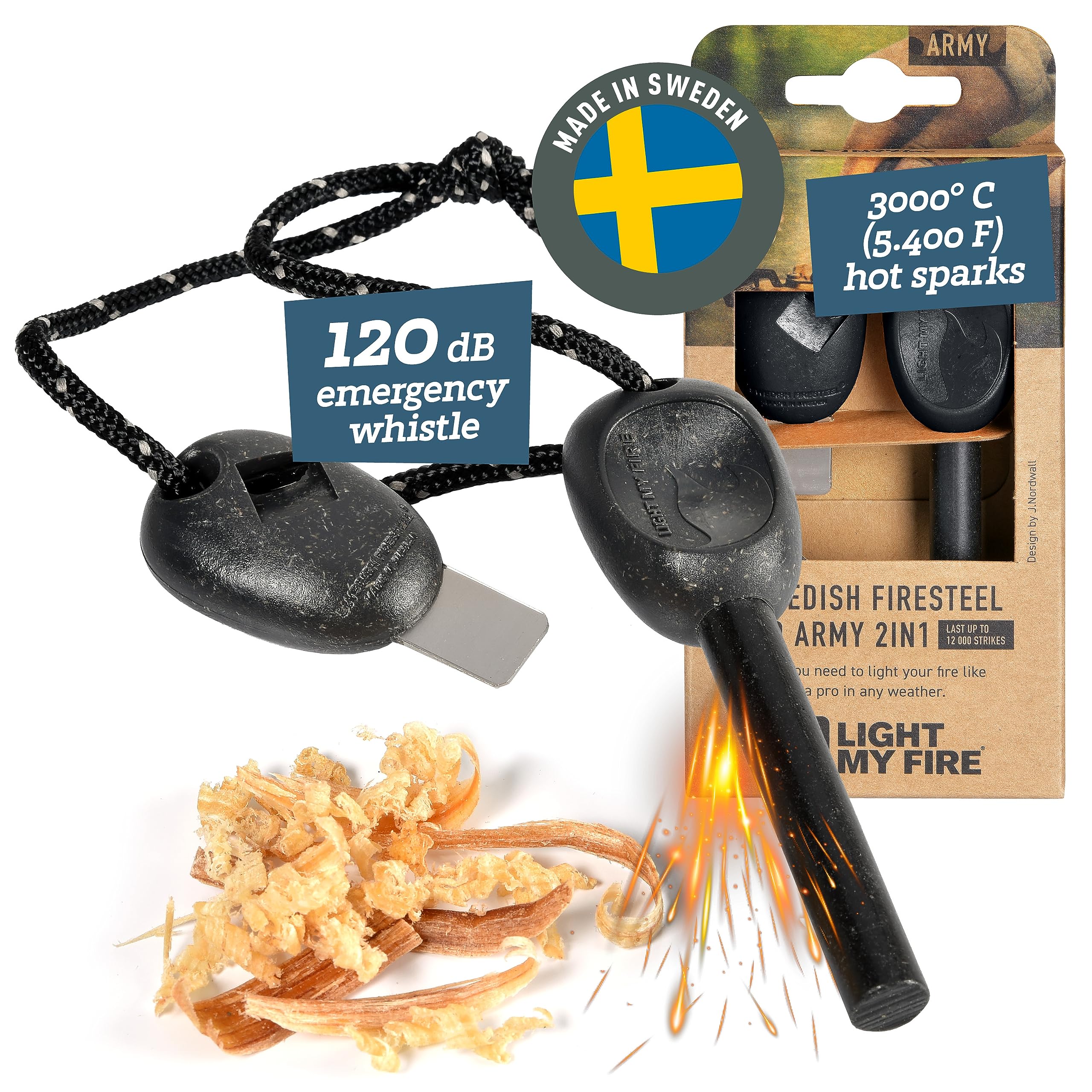 Light My Fire Swedish Flint Fire Starter Ferro Rod Survival Tools ARMY Fire Steel Bushcraft Camping Gear Flint and Steel Fire Starter Kit 2-in-1 Fire Flint and Striker 12,000 Strikes