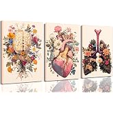 Medical Human Anatomy Poster Wall Art Vintage Floral Heart Painting Picture Wall Decor Colorful Heart Lungs Brain Aesthetic Canvas Print Artwork for Doctor Nurse Office Clinic Hospital Decoration