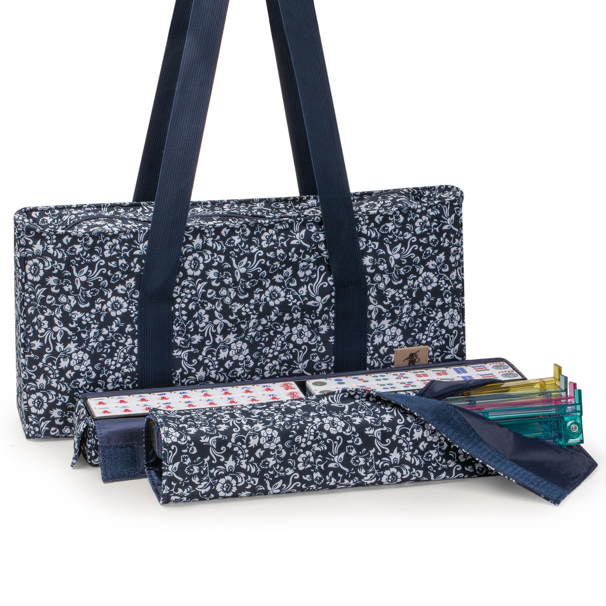 Yellow Mountain Imports American Mahjong Set, Chinoise II with Floral Blue Soft Case - All-in-One Racks with Pushers, Wright Patterson Betting Coins, Dice, & Wind Indicator