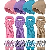 Suhine 12 Pcs Kids Beanies Scarves Gloves Winter Set Gloves Knitted Scarves Wrap Winter Beanie Hat for Boys Girls 5-12