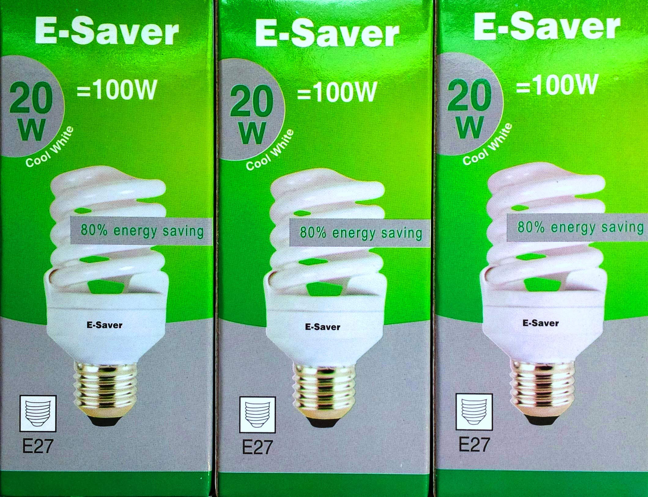 E-Saver - CFL Full Spiral - Energy Saving Light Bulbs -20w = 100 Watt - (Pack of 3) - 4200k Cool White Light Bulbs - Screw in Cap - Screw Edison (ES - E27 Bulb)
