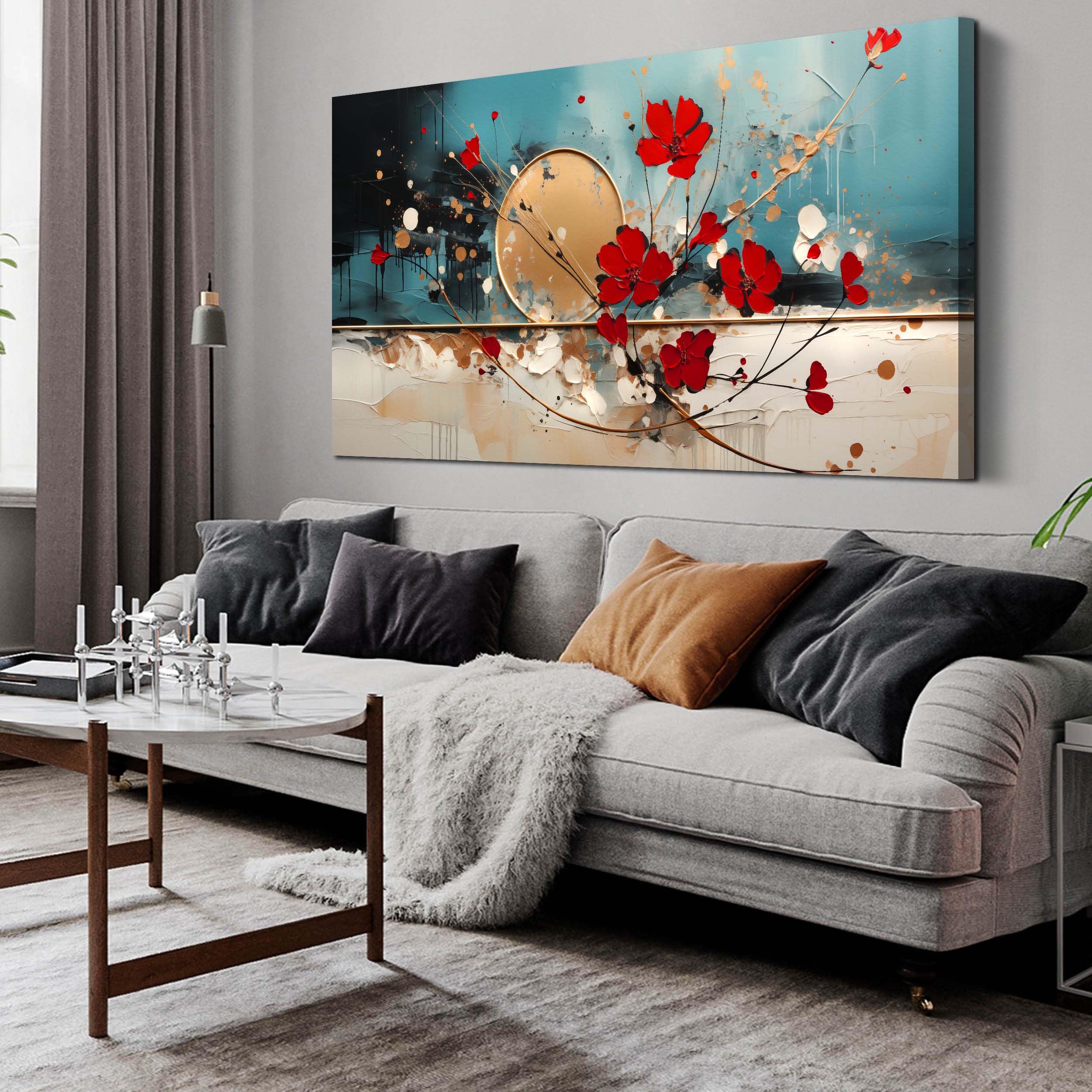 Photo 1 of Kepgonegu Floral Wall Art Red Flowers with Teal Background Modern Abstract Artwork for Living Room Bedroom Office Home Canvas Prints 29x59 Inch