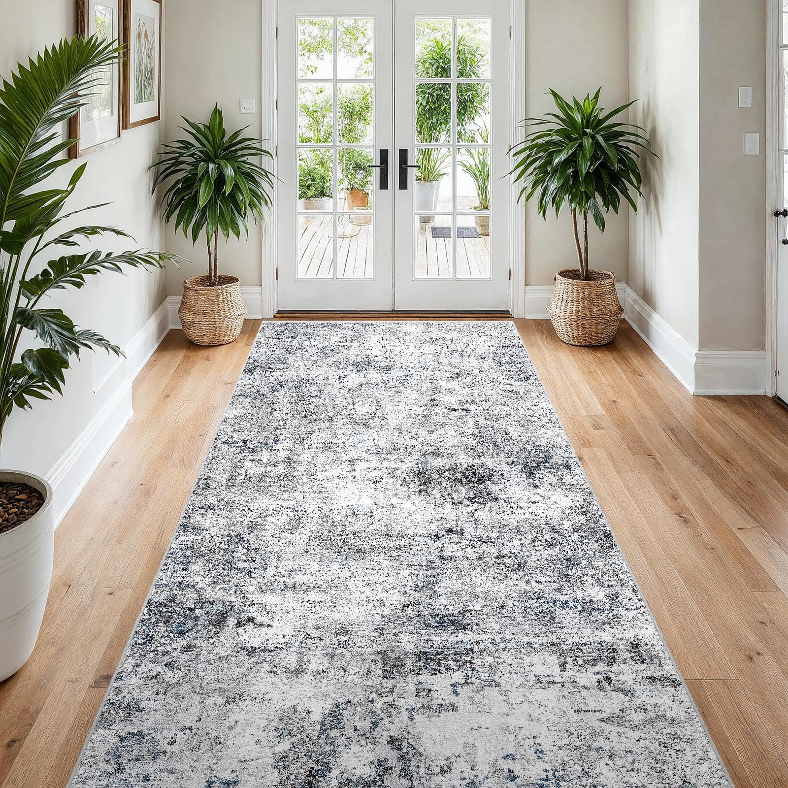 4x8 Washable Hallway Runner Rug - Wide Kitchen Runners Modern Abstract Low Pile Carpet Soft Thin Floor Mat with Non-Slip Rubber Backing for Entryway Living Room Bedroom Home Decor (Blue Gray,4x8) Image