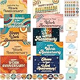 Decorably 50 Pack 6x4in Happy Work Anniversary Cards for Employees Bulk with Envelopes and Stickers, 10 Retro Designs Employee Anniversary Cards for Work, Blank Inside