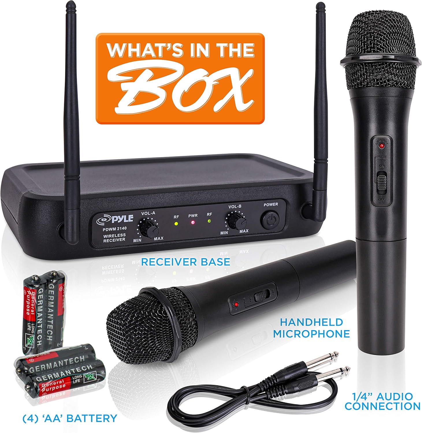 Pyle Channel Microphone System-VHF Fixed Dual Frequency Wireless Set with 2 Handheld Dynamic Transmitter Mics, Receiver Base-for PA, Karaoke, Dj Party (PDWM2135): Musical Instruments
