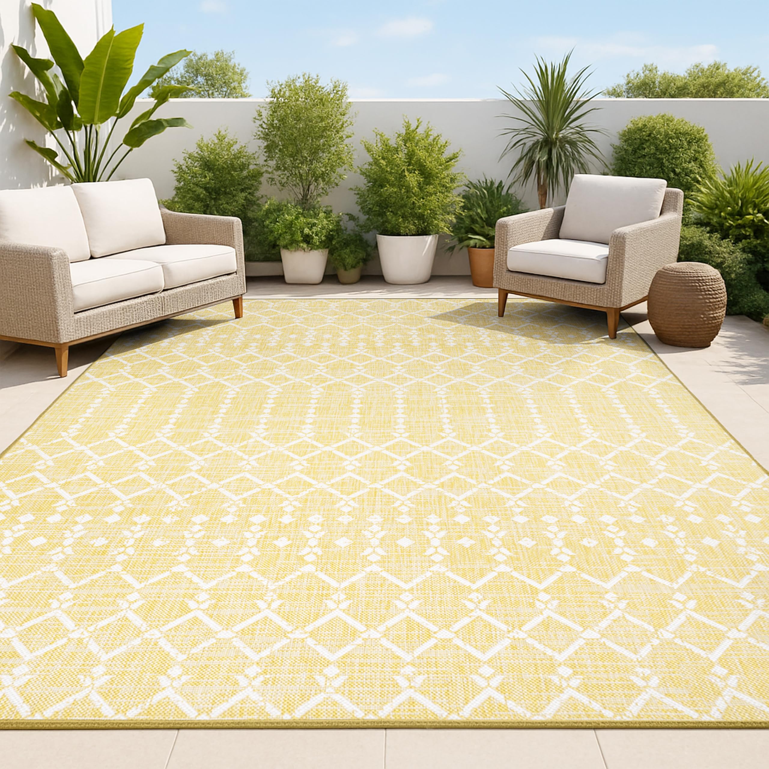 JONATHAN Y Moroccan Geometric Indoor Outdoor Area Rug 9X12 Yellow/Cream, Ourika Textured Weave for Backyard, Patio, Porch, Easy-Cleaning, High Traffic, Pet-Friendly, Non-Shedding (SMB108G-9) Image
