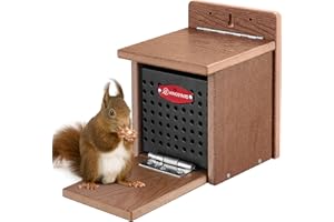 Kingsyard Squirrel Feeder Box for Outside, Recycled Plastic Squirrel Feeder with Removable Metal Front Panel & Perch, Easy to Fill & Clean, Weather-Proof Roof (Brown)