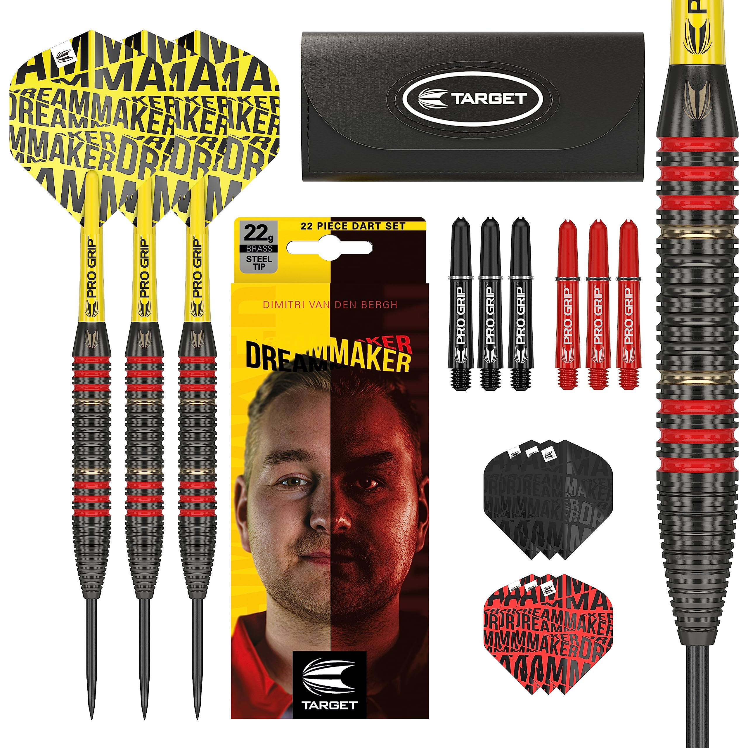 Target Darts Dimitri Van den Bergh Brass Steel Tip Darts Set – 22G Steel Tip Dart, Dream Maker Player Edition Dart Set, Dart Flights, Shafts & Dart Case Included | Professional Dart Accessories