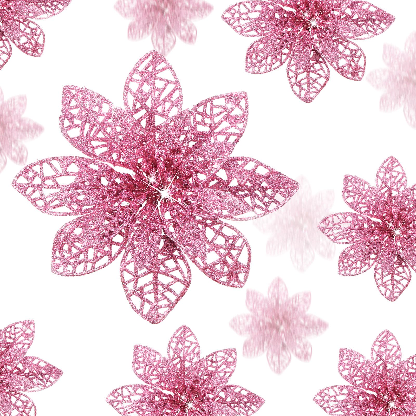 36 Pieces Christmas Glitter Poinsettia Flowers Wedding Glitter Flowers Christmas Tree New Year Ornaments (Pink)