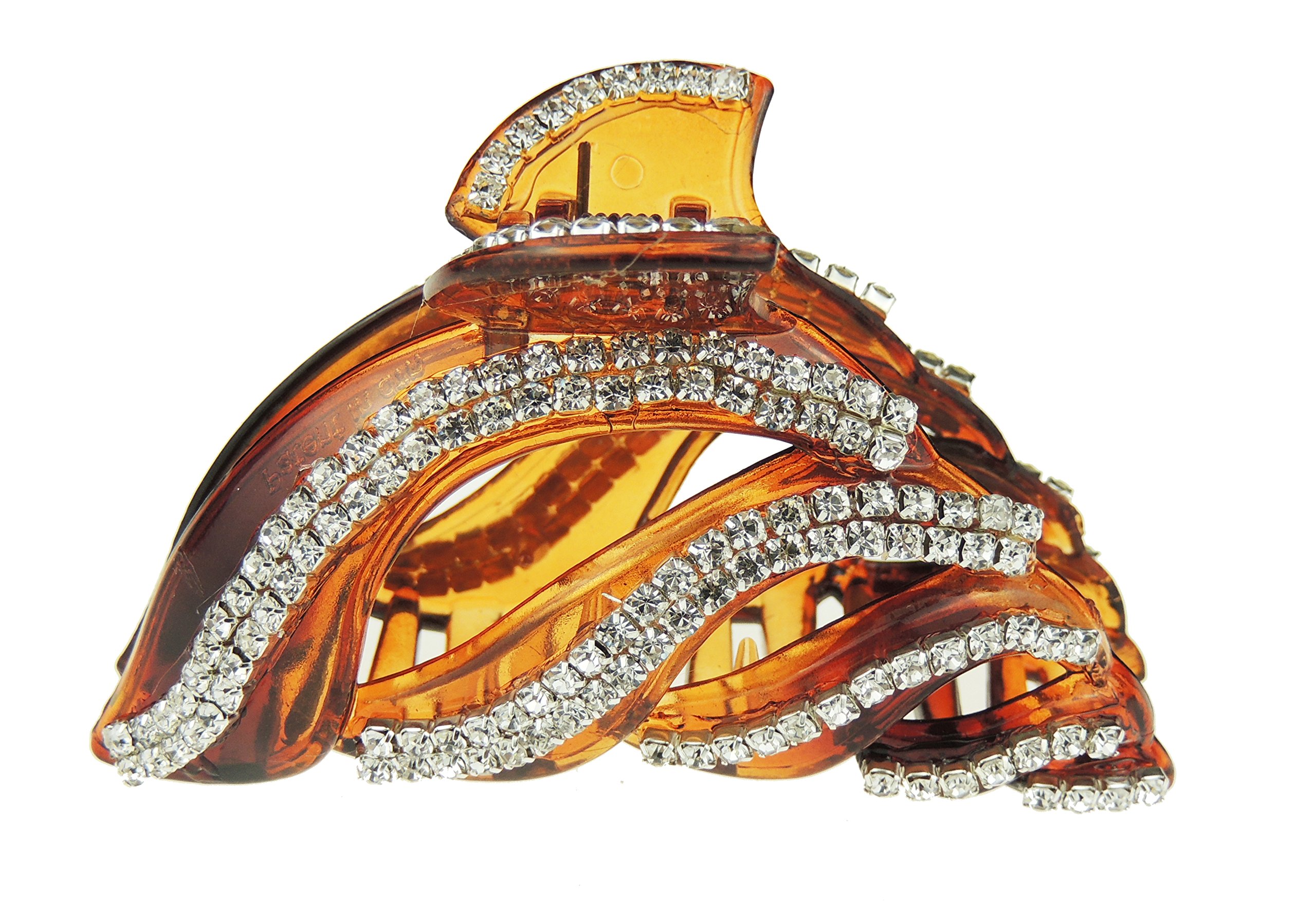 Extra Sparkly Women Girls Crystal Diamante Rhinestone Gems Bridal Wedding Evening Party Styling Fine Thin Hair Accessories Butterfly Claw Jaw Clip Octopus Clamp Grip 8cm 2 Row Swirls (Brown)