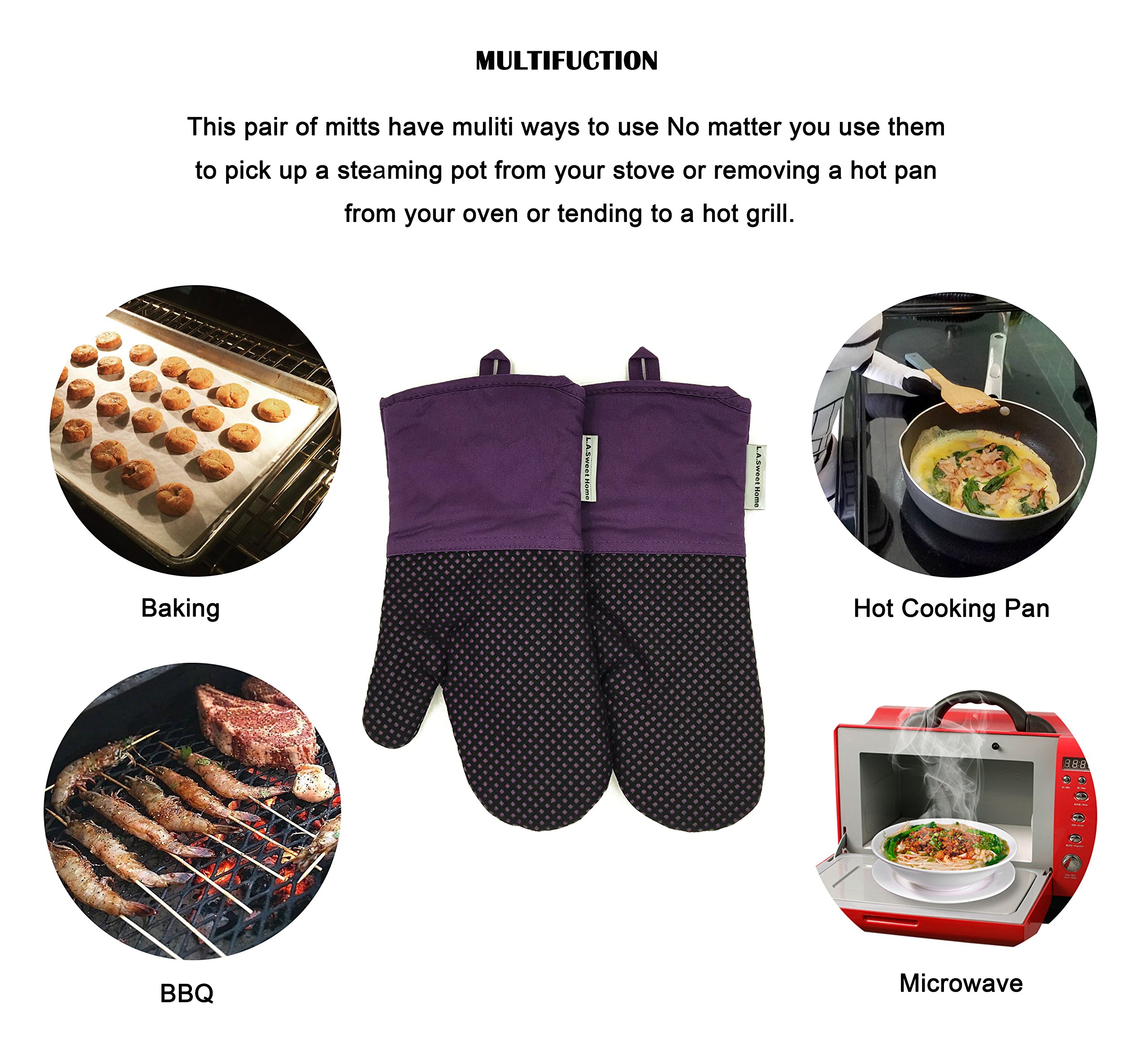 Silicone Oven Mitts 464 F Heat Resistant Potholders Dot Pattern Cooking Gloves Non-Slip Grip for Kitchen Oven BBQ Grill Cooking Baking 7x13 inch as Christmas Gift 1 pair (Purple) LA Sweet Home