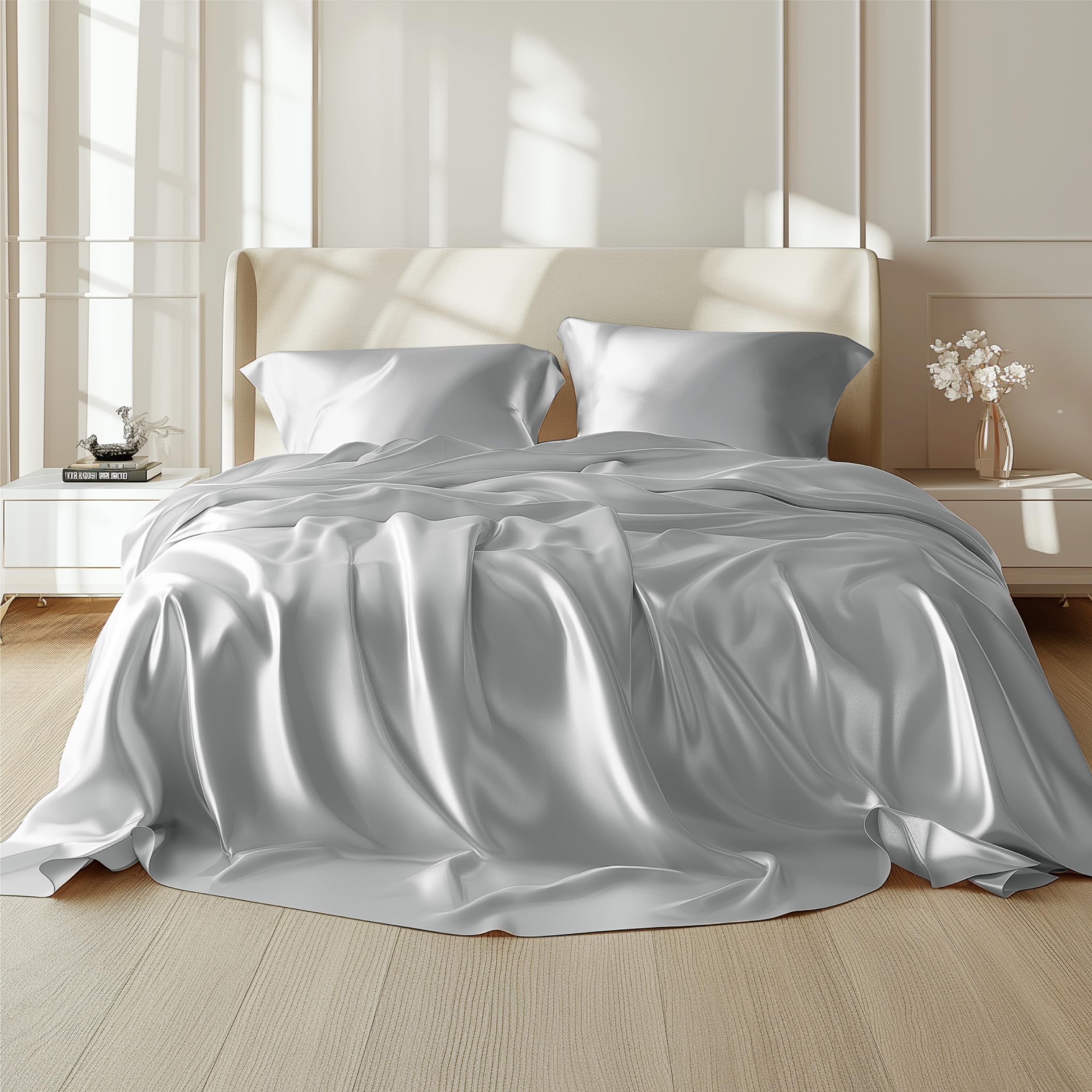 Photo 1 of Bedsure Satin Sheets Queen Size Bed Set - Luxury Silky Bed Sheet Set, Ultra Soft & Wrinkle Free, Good for Hair & Skin, 15 Inches Deep Pocket for Mattress, 4-Piece (Queen, Silver Grey)