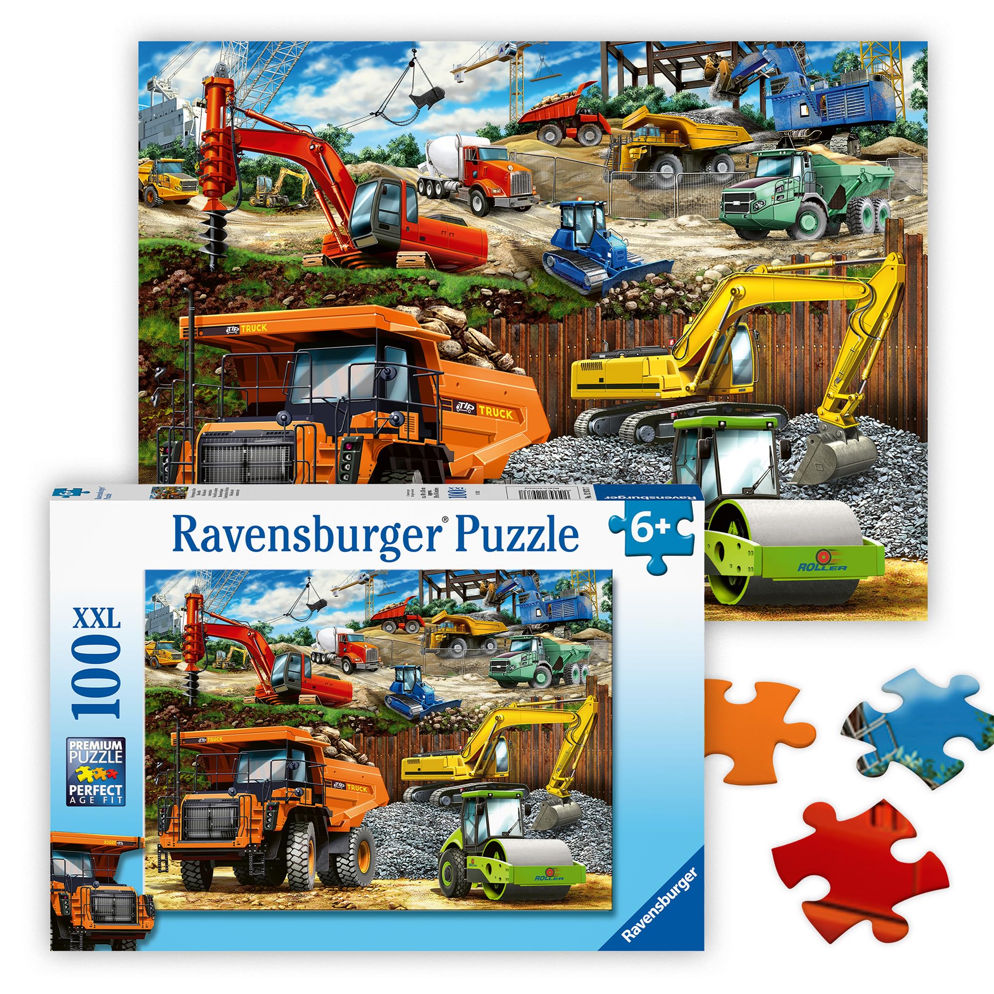 Ravensburger - Construction Vehicles - 100 Piece Jigsaw Puzzle - Exciting, Colorful Realistic Scene - Dump Truck, Loader & More - Premium Quality - Ideal Gift - Screen-Free Fun - Children Age 6+