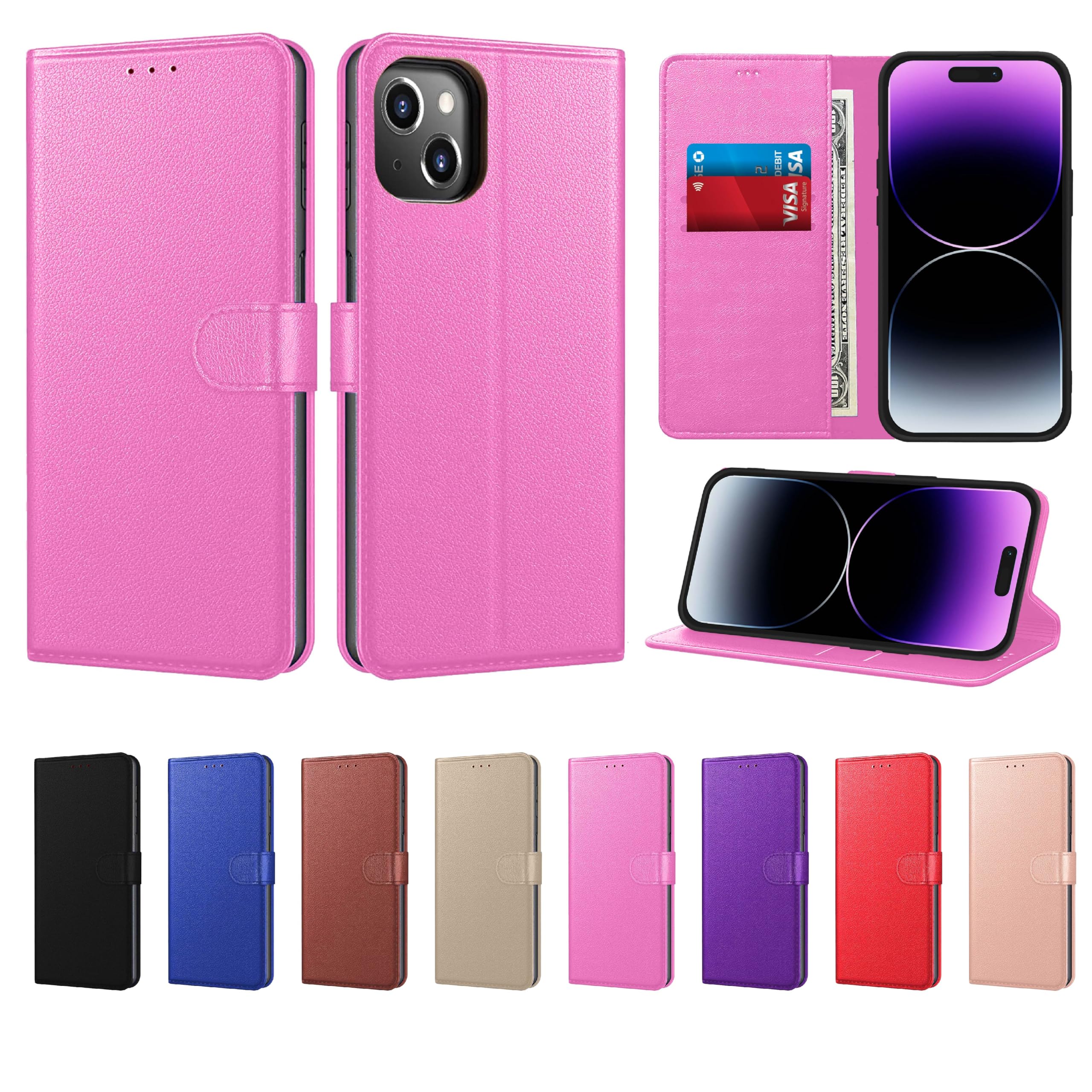 New Horrizon Luxury Case for iPhone 15 Leather Phone Case Cover,[Life time Support], PU Faux Leather Wallet Book Folio Flip Magnetic Shockproof Case with Card Slots (Pink, For iPhone 15)