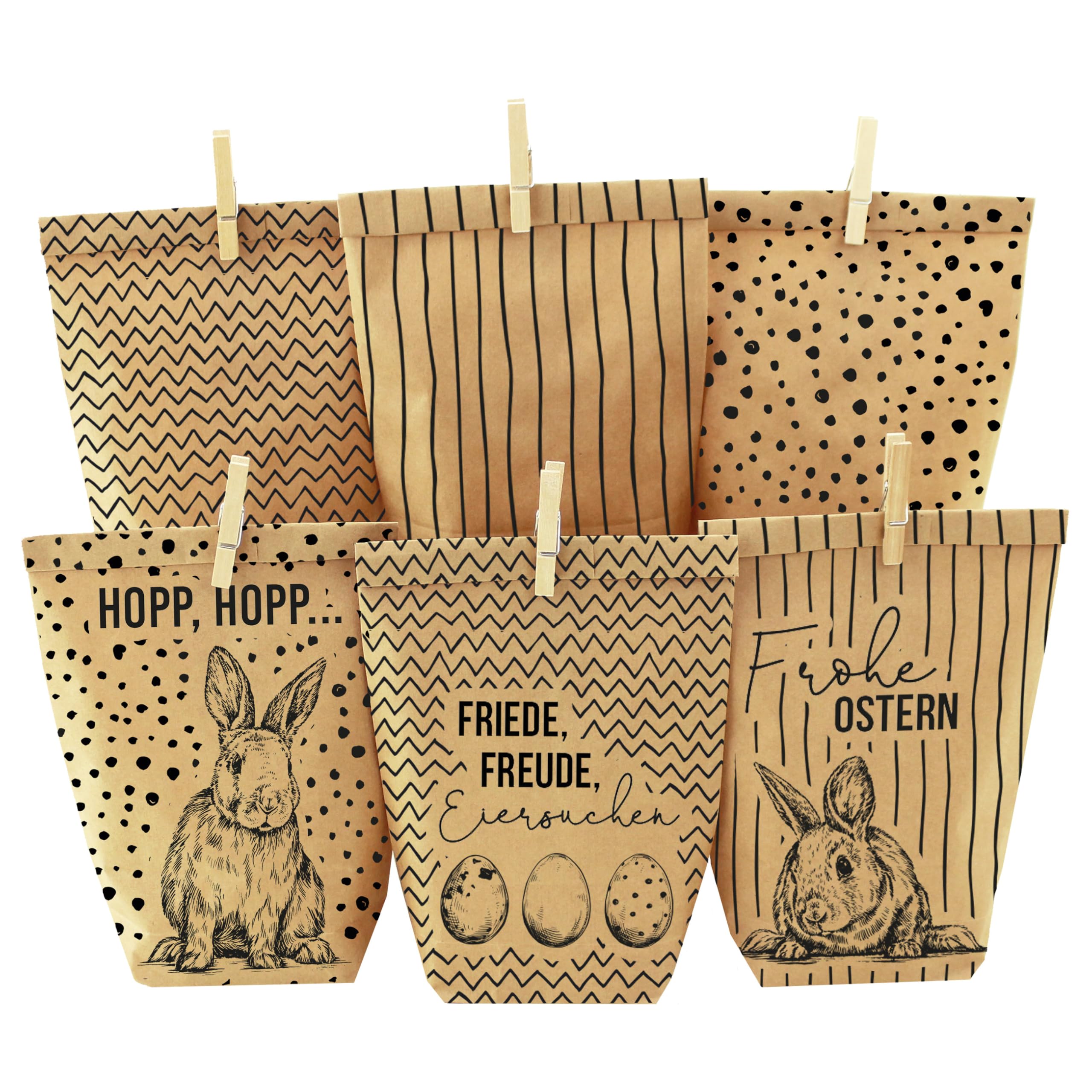 Papierdrachen 12 Black Printed Easter Gift Bags - With Rabbits, Easter Eggs and Happy Easter - Ideal Gift Idea or Easter Decoration - Easter Nest for DIY and Gifting - Easter