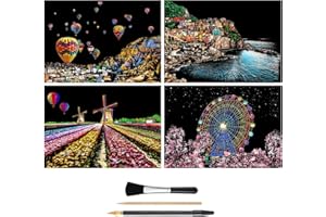 MIASTAR Scratch & Sketch Art for Kids & Adults, Rainbow Painting Night View Scratchboard(A4), Art & Craft, 4 Sheets Scratch Cards & Drawing Pen, Clean Brush (European Series)