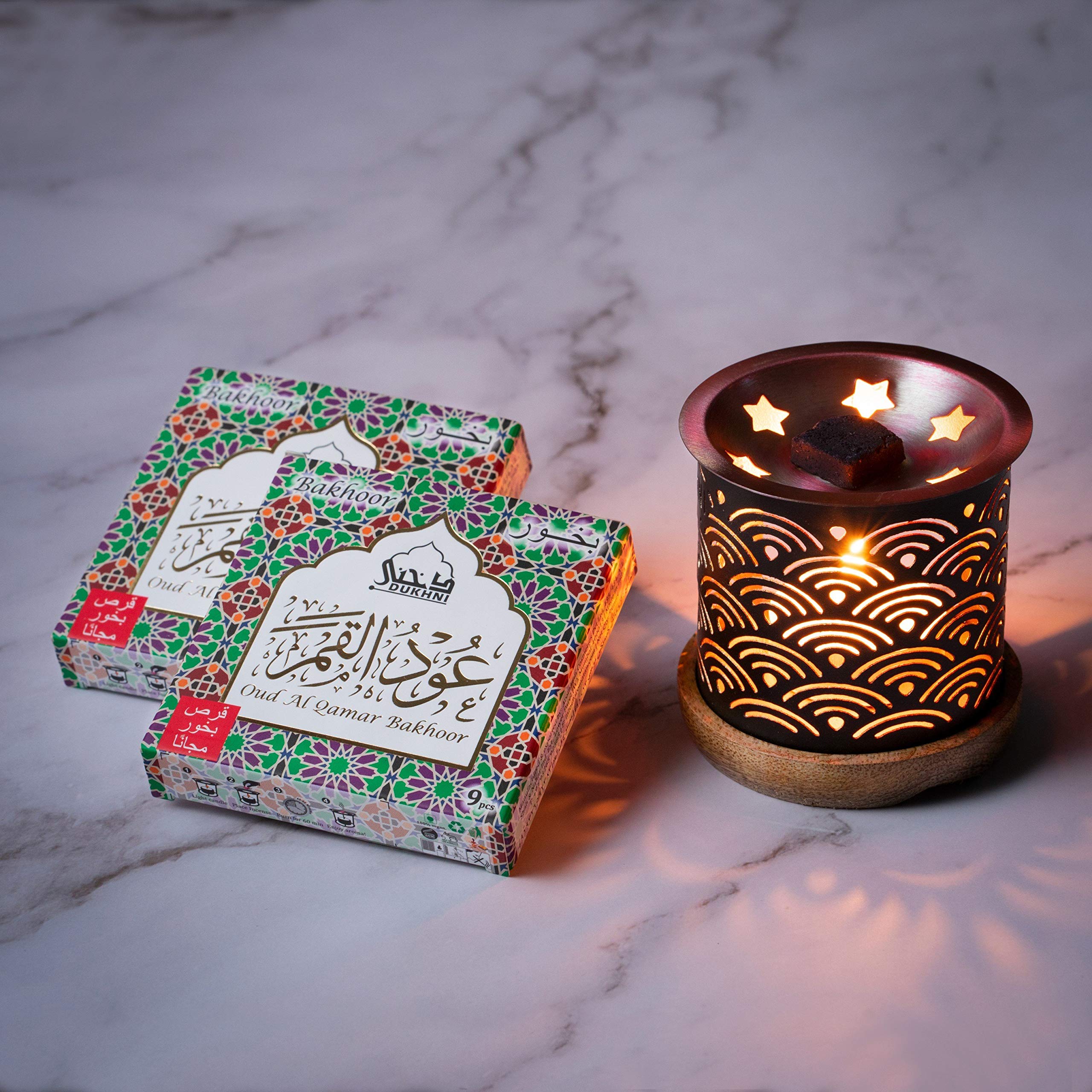 Oud Al Qamar Bakhoor Set by Dukhni | 2 x 9 Piece each & Rainbow Bakhoor Burner | Arabic Bakhoor Incense | Floral Oud Blend | Perfect for Prayer Time | To Relax & Meditate