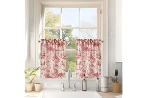 DriftAway Kitchen Curtains Toile Tier Linen Short Curtains Cafe 24 Inch Length for Living Room Bathroom Farmhouse French Country Vintage Printed Pattern Rod Pocket 2 Panels Red