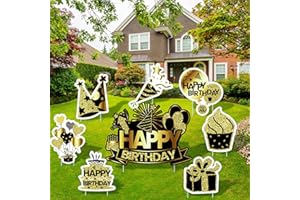 RUODON 8 Pack Black Gold Happy Birthday Yard Signs Balloon Birthday Hat Yard Sign with Stakes Outdoor Lawn Sign Decorations for Home Party Decorations