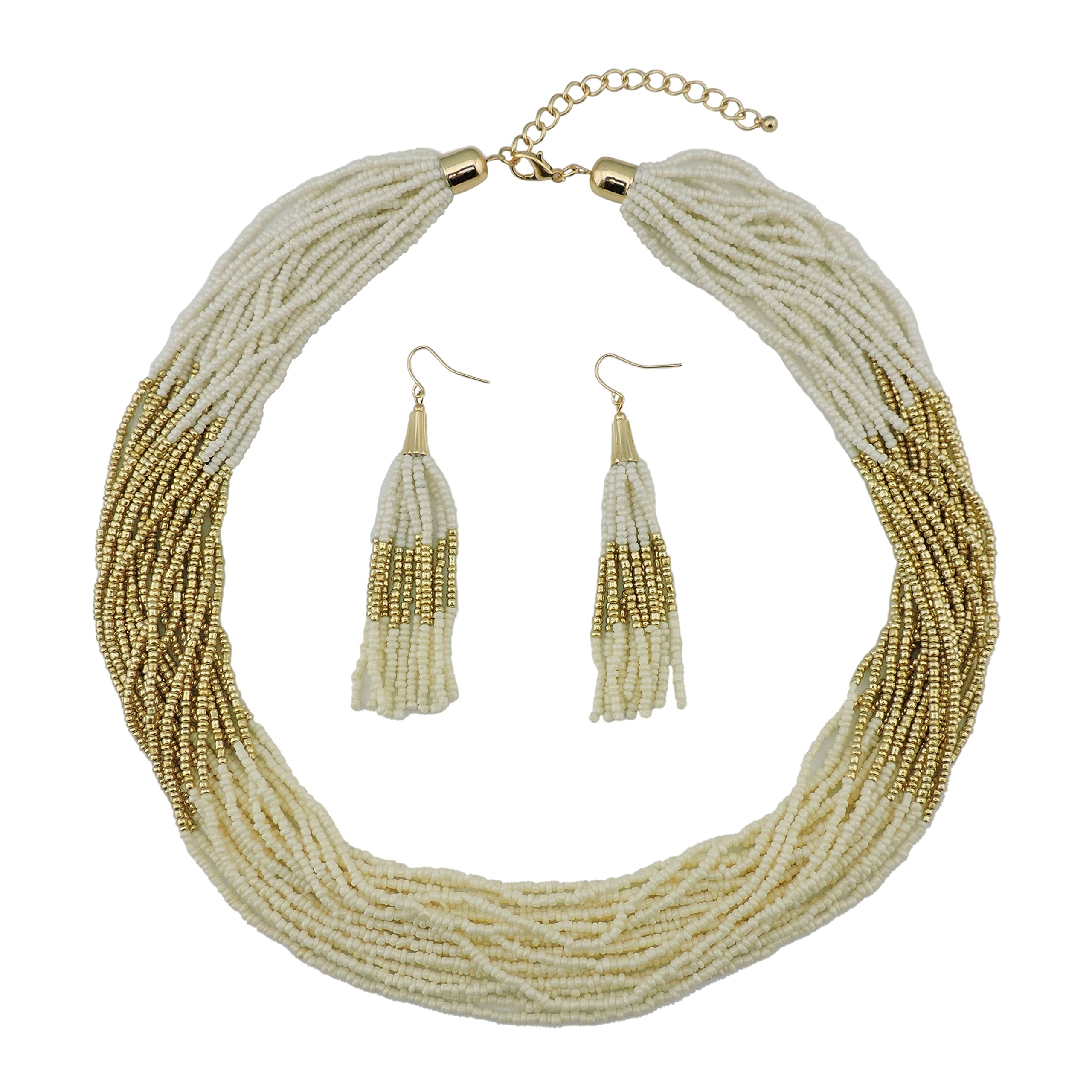 Bocar Multi Layer Beaded Statement Necklace Set Strand Necklace and earrings for Women Gift (NK-10459-Cream White+gold+Creamy Yellow)