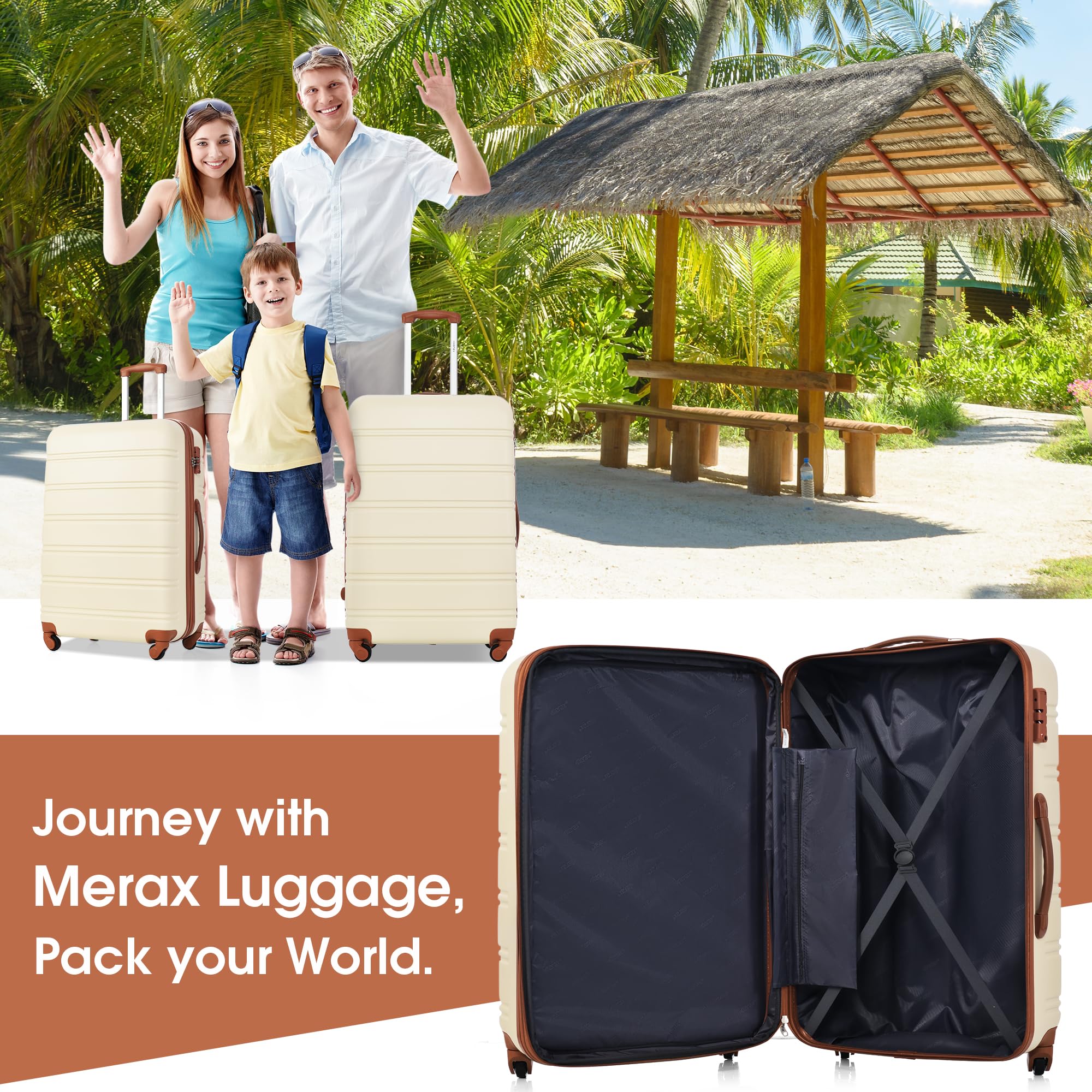 Merax Luggage Sets 2 Piece Expandable Hardside Luggage with Travel Bag Suitcase Set with Spinner Wheels(20+28+bag,Brown+White-1)