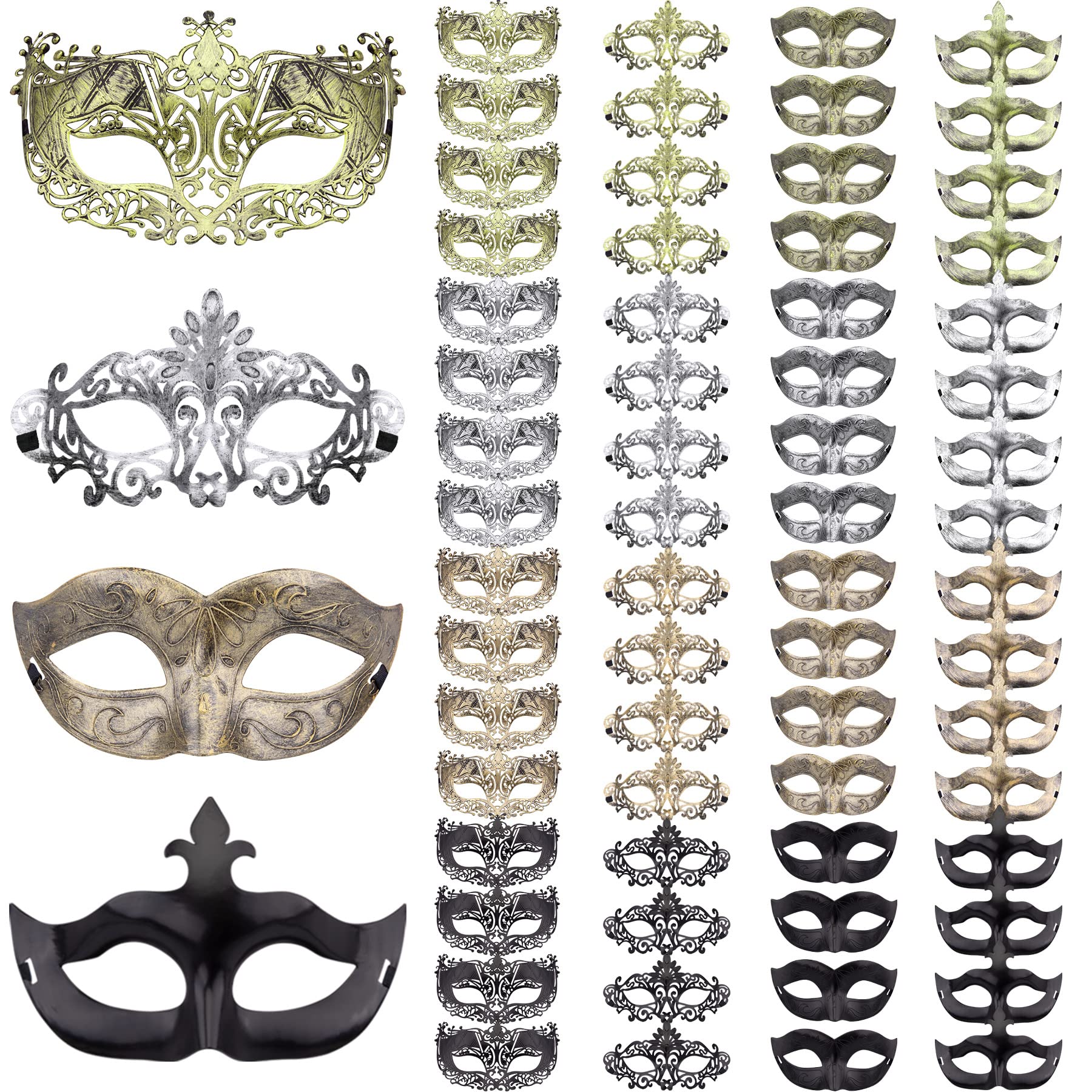 FEQO 64 Pieces Masquerade Masks Vintage Antique Mask Couple Venetian Masks for Halloween Carnivals Masquerade Party, 4 Colours (Fox, Arrows, Peacock, Little Miss)