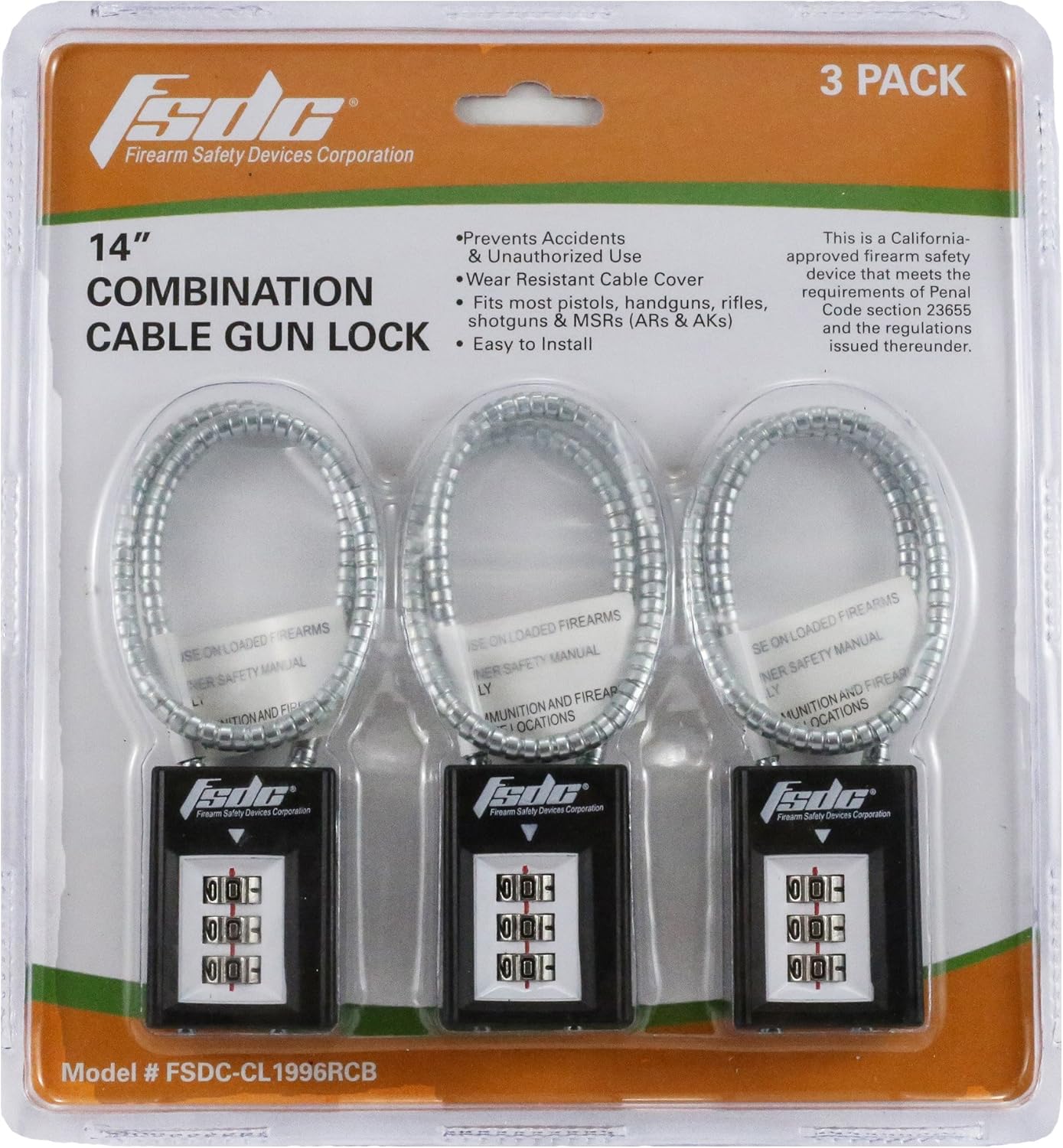 FSDC-CL1996RCB 14" California DOJ-Approved Combination Cable Gun Lock 3-Pack : Sports & Outdoors