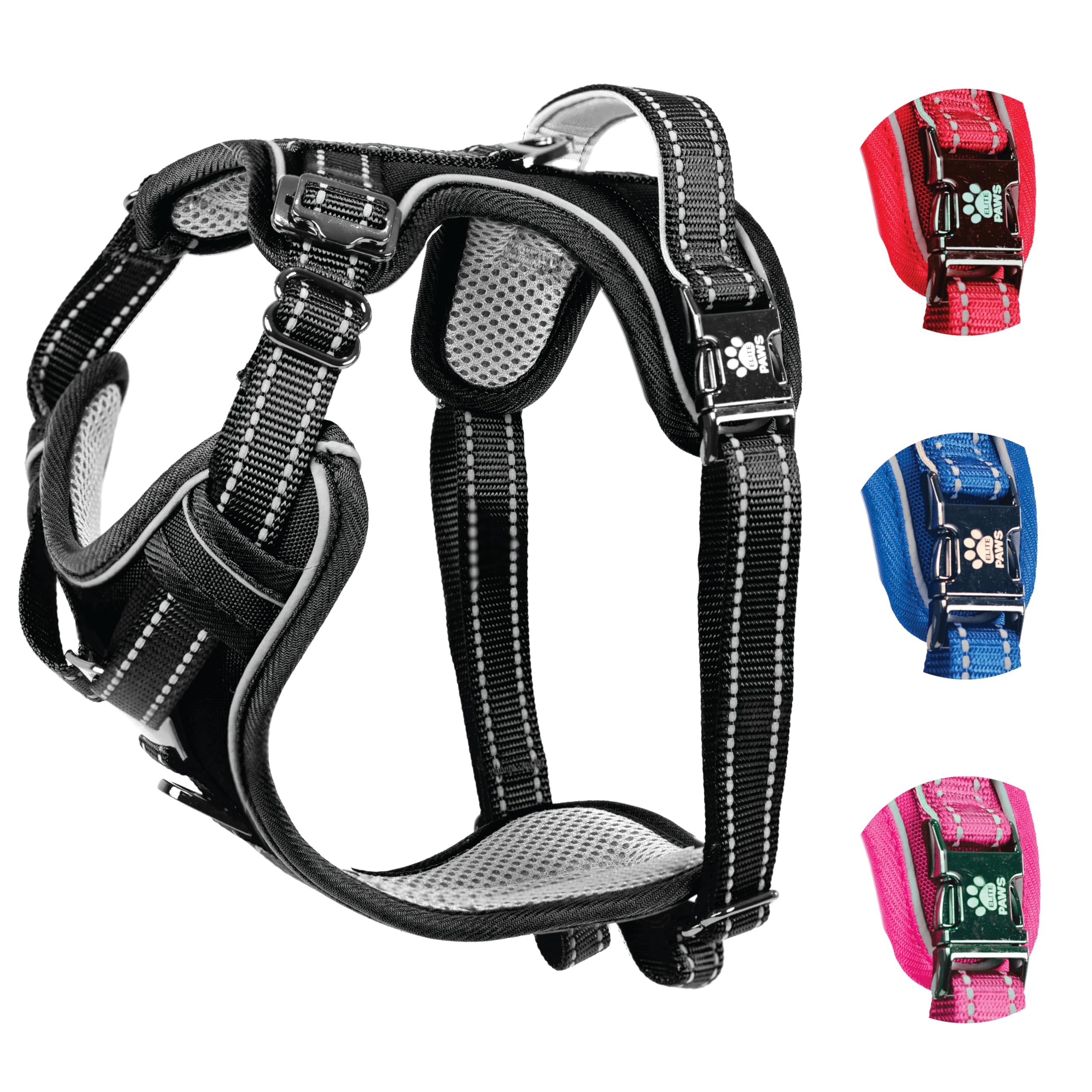 Elite Paws® UK: Premium Metal Buckle Dog Harness, Strong, Safe, Padded, Comfortable, Adjustable, Reflective, Front/Back Lead Attachments, Soft Handle, Pet Walking Vest/Training Product (Black, Small)