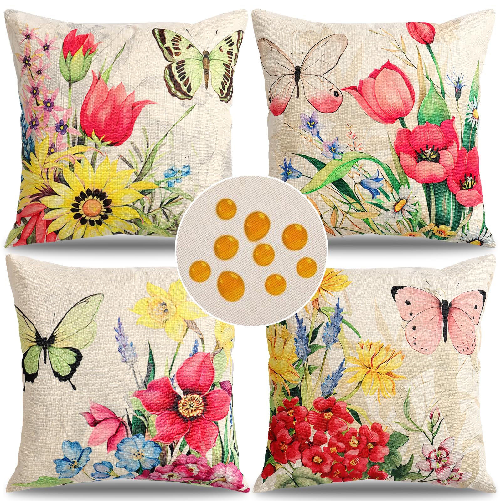 ASTNIC Outdoor Waterproof Throw Cushion Covers 18x18 Inch Set of 4 Flower Butterfly Printed Pillow Covers Farmhouse Boho Decorative Pillowcases for Patio Couch Garden Balcony(Colorful)