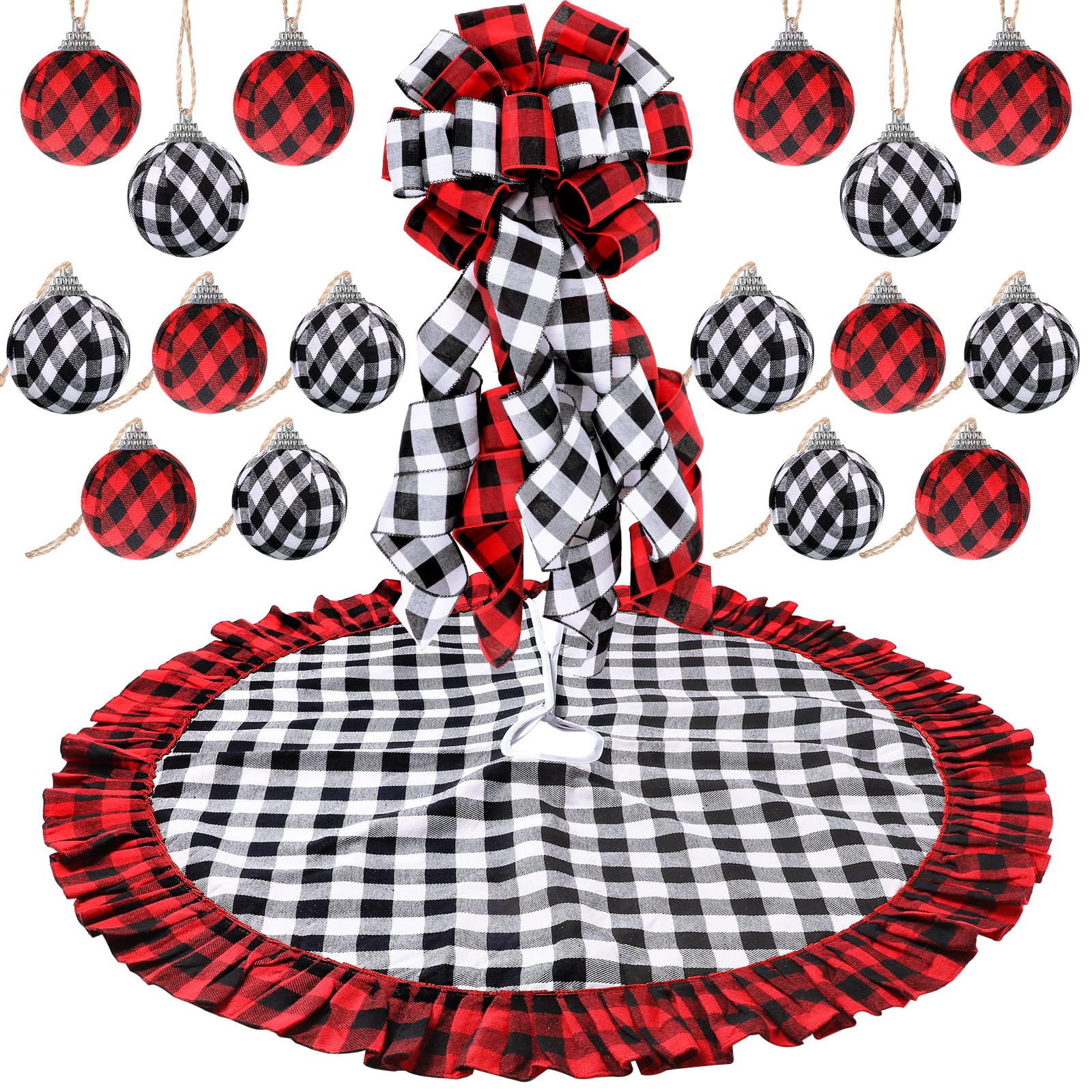 Syhood Christmas Tree Burlap Decorations 12 x 33 Inch Christmas Tree Topper Decorative Big Hanging Bow, 16 Pcs Burlap Xmas Ball Ornaments and 40 Inch Double Layer Skirt(Red Black White)
