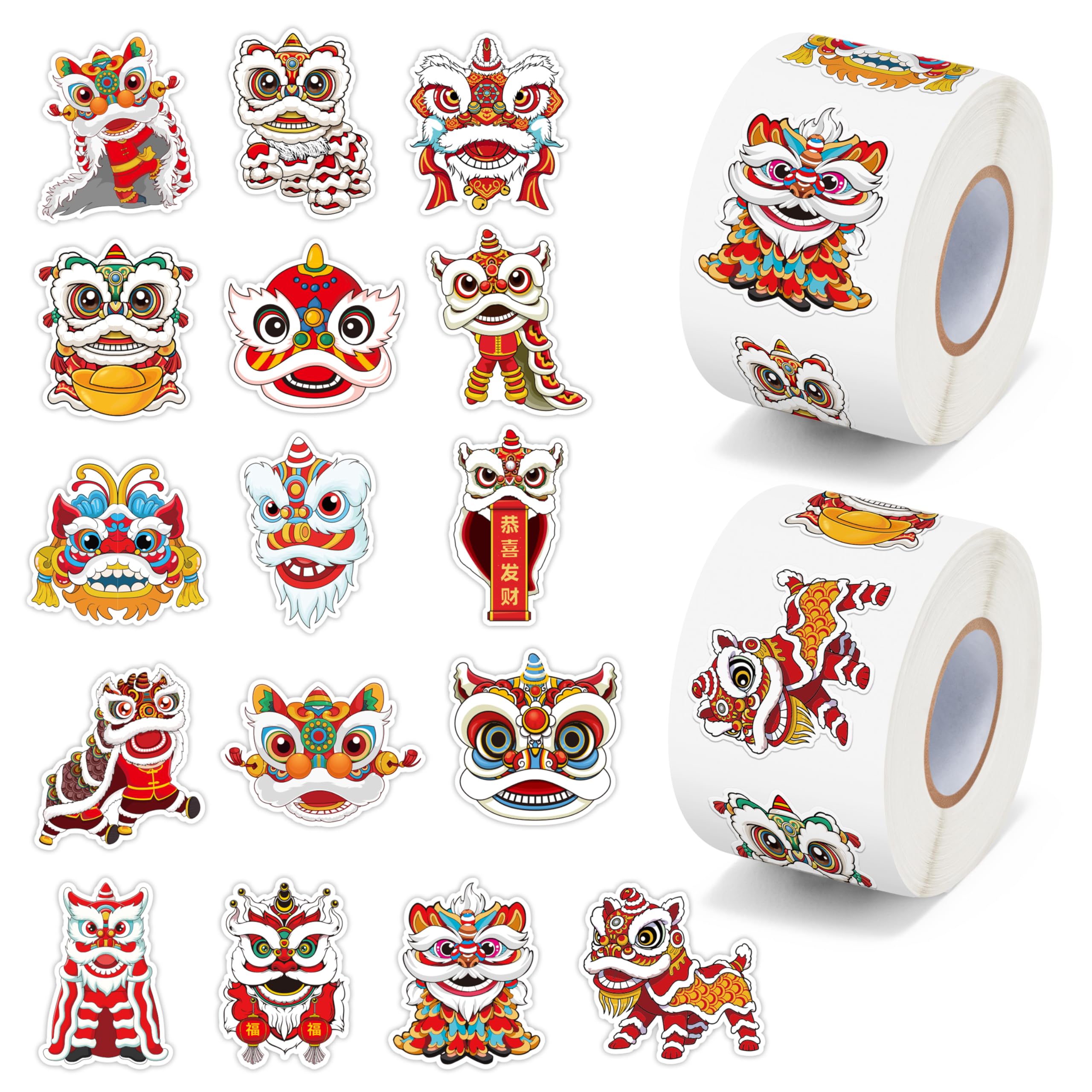 H1vojoxo Chinese New Year Sticker Rolls - 1000PCS Chinese Lunar New Year Stickers for Kid 16 Design Cartoon Lion Dance Stickers for Craft Waterproof Lion Dance Decal Decoration for Water Bottle Laptop