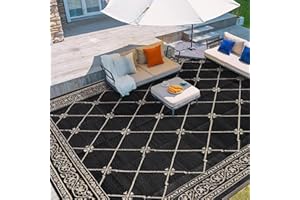 HiiARug Outdoor Rug 8'x10' for Patios Waterproof Patio Rugs Outdoor Mats for Front Porch,Beach Mat,Reversible Plastic Straw Camping Rugs for Outside RV,Deck,Balcony,Backyard，Black&Beige